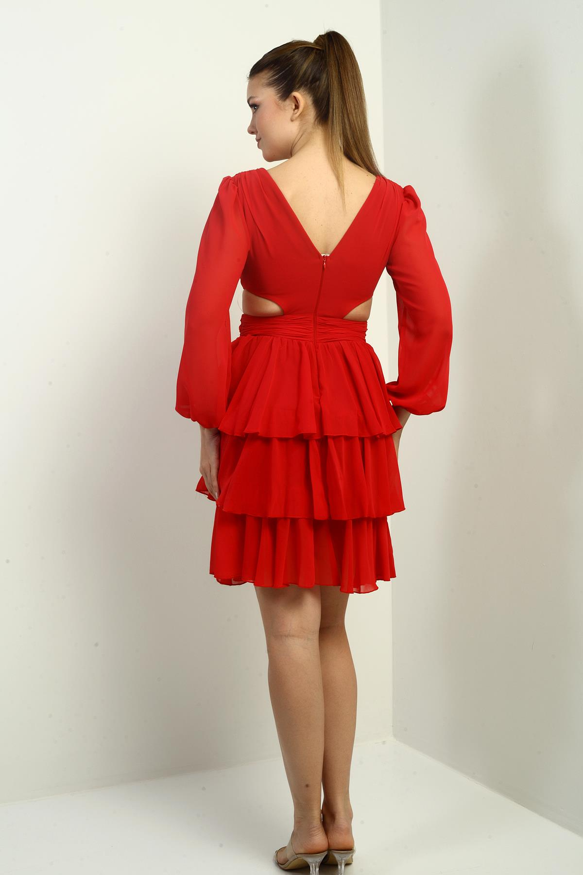 S-24Y3050016Kadın Ön Arka V Yaka Bel Dekolteli Astarlı Katlı Şifon Kısa Elbise