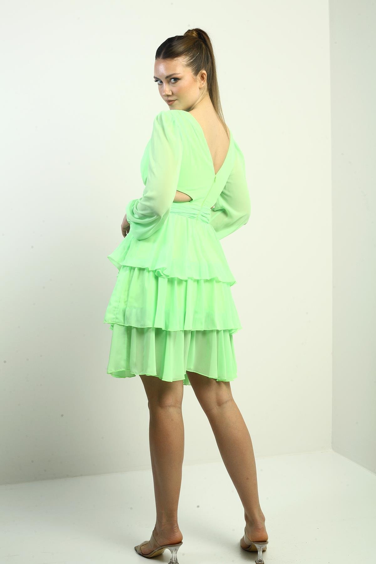 S-24Y3050016Kadın Ön Arka V Yaka Bel Dekolteli Astarlı Katlı Şifon Kısa Elbise