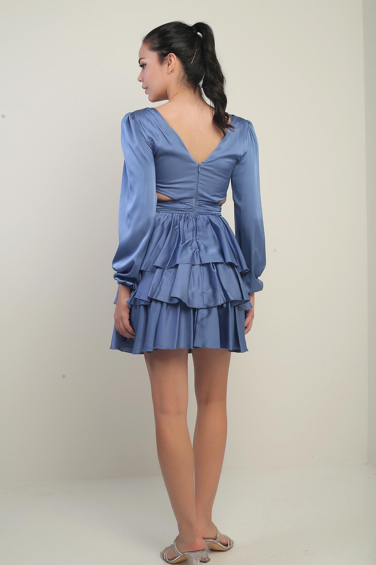 S-24Y3050019Kadın Ön Arka V Yaka Bel Dekolteli Astarlı Kat Kat Saten Kısa Elbise