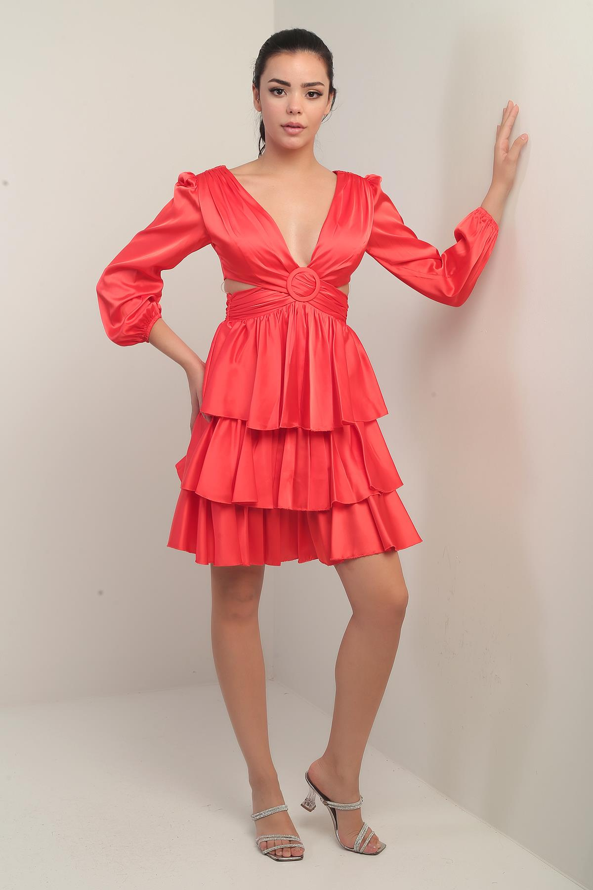 S-24Y3050019Kadın Ön Arka V Yaka Bel Dekolteli Astarlı Kat Kat Saten Kısa Elbise