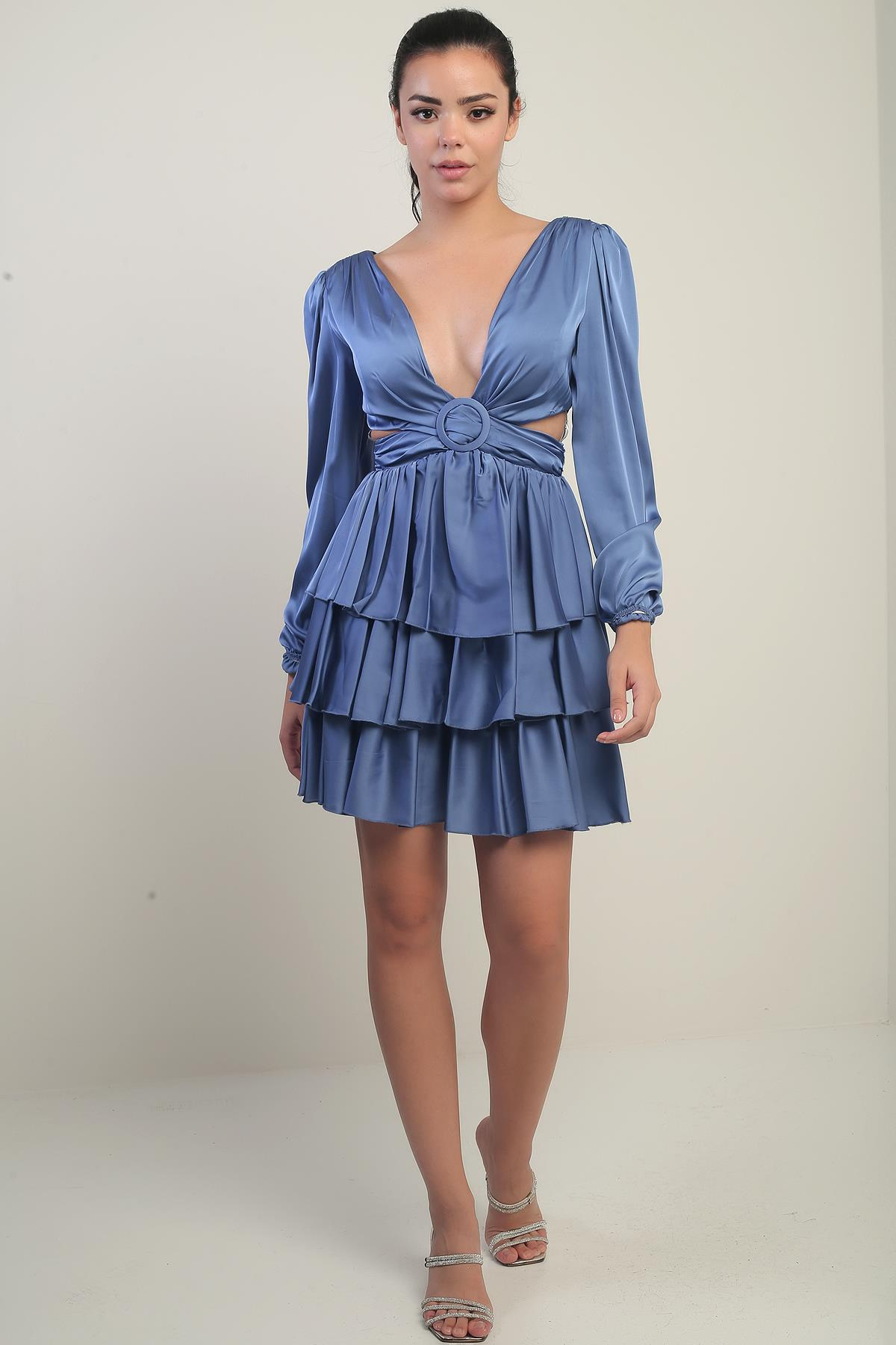 S-24Y3050019Kadın Ön Arka V Yaka Bel Dekolteli Astarlı Kat Kat Saten Kısa Elbise