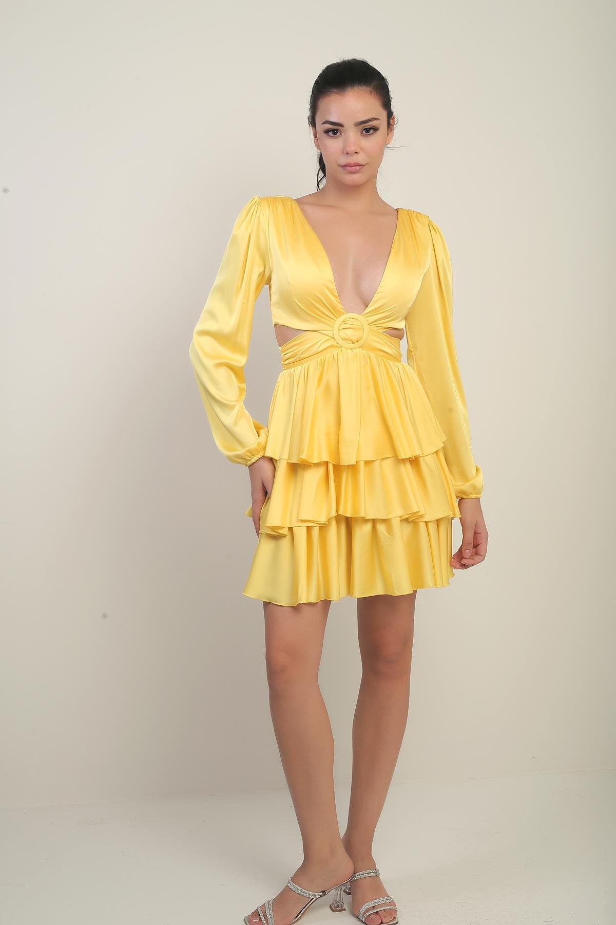 S-24Y3050019Kadın Ön Arka V Yaka Bel Dekolteli Astarlı Kat Kat Saten Kısa Elbise