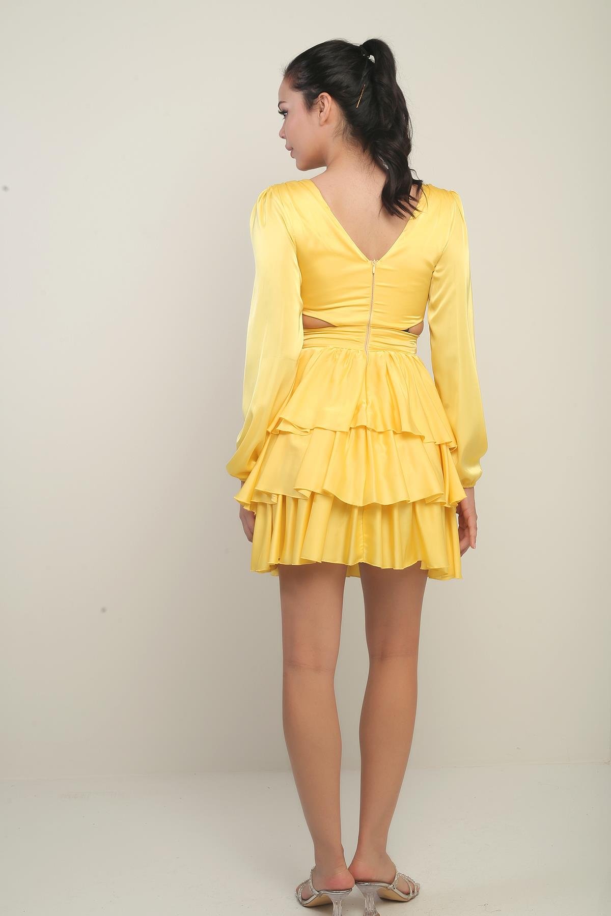 S-24Y3050019Kadın Ön Arka V Yaka Bel Dekolteli Astarlı Kat Kat Saten Kısa Elbise