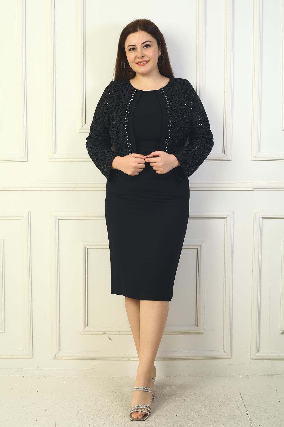 S-24Y3050027Kadın Üstü Dantel Ceket Görünümlü Astarlı Krep Büyük Beden Elbise