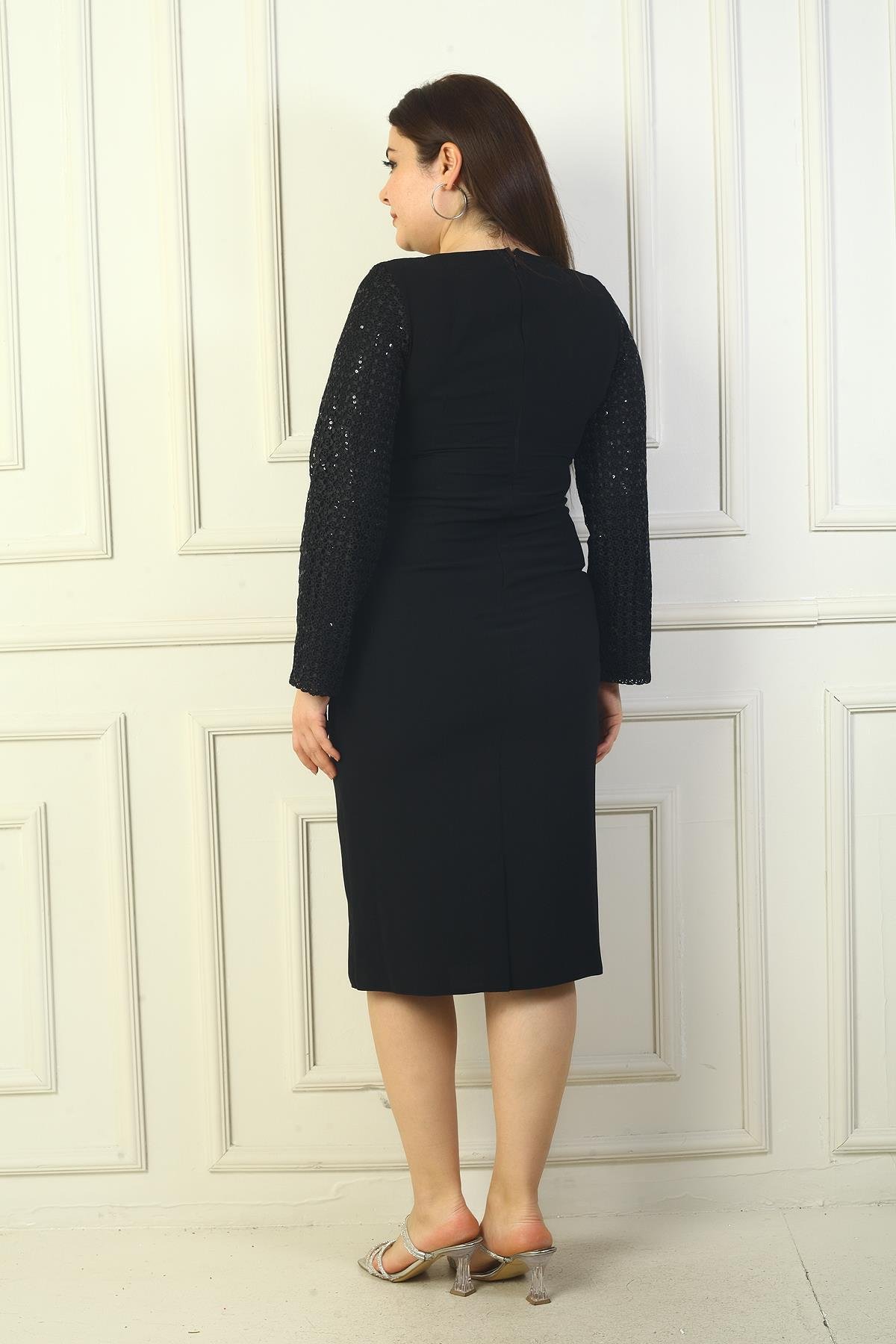 S-24Y3050027Kadın Üstü Dantel Ceket Görünümlü Astarlı Krep Büyük Beden Elbise