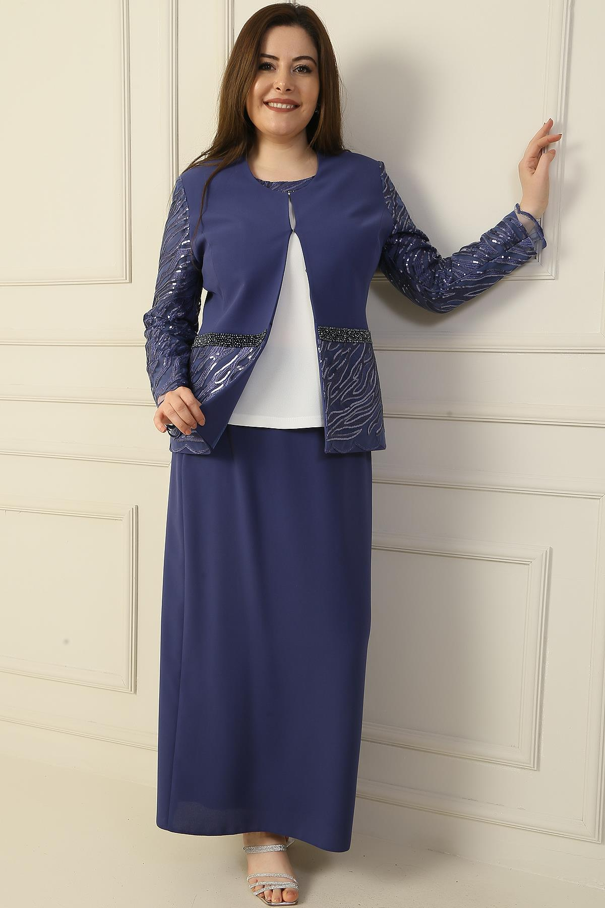 S-24Y3070005İçi Yarım Ay Kol Bluz Pul NakışişlemeBoncuk Detaylı Ceket Etek Astarlı Büyük Beden 3'lü Takım