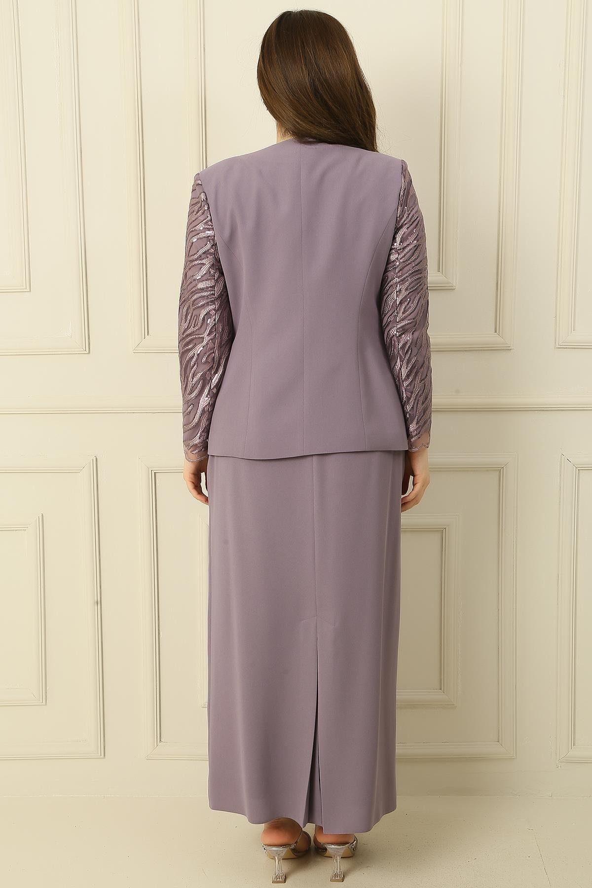 S-24Y3070005İçi Yarım Ay Kol Bluz Pul NakışişlemeBoncuk Detaylı Ceket Etek Astarlı Büyük Beden 3'lü Takım