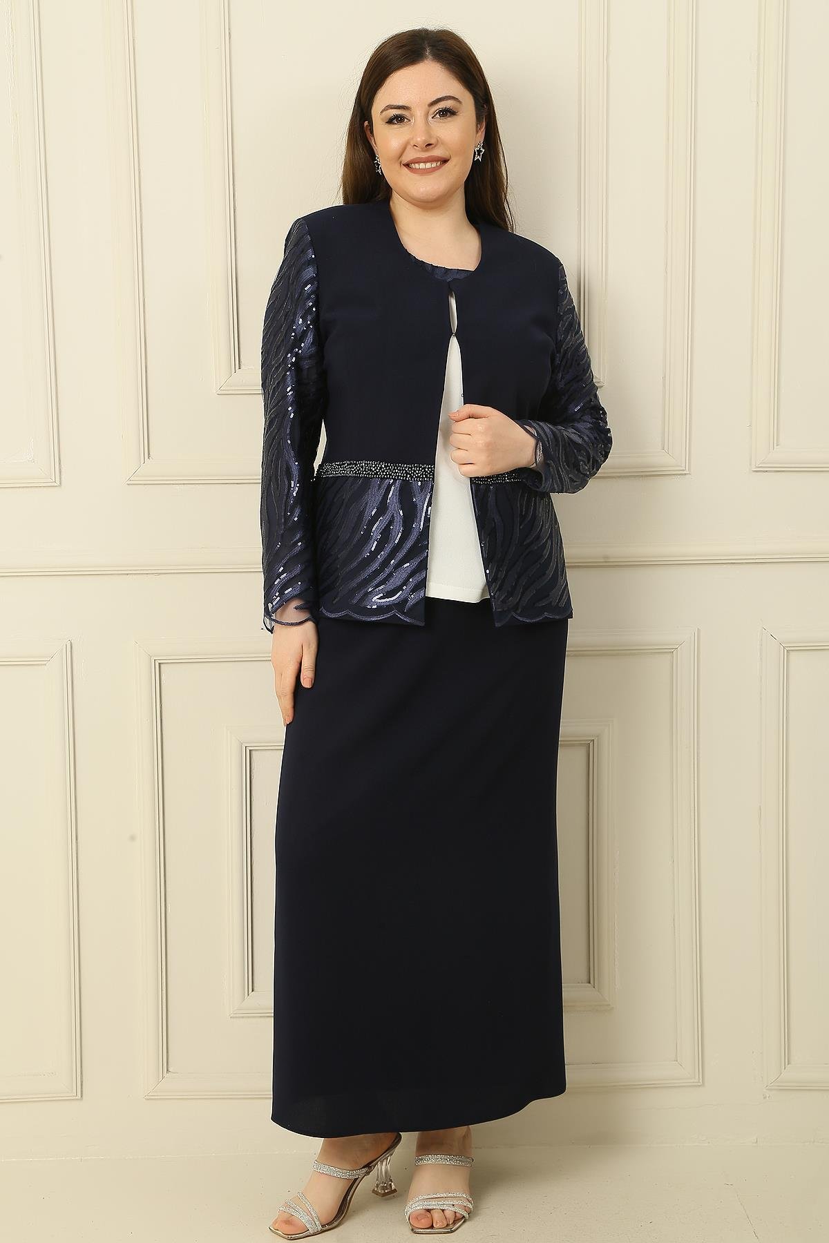 S-24Y3070005İçi Yarım Ay Kol Bluz Pul NakışişlemeBoncuk Detaylı Ceket Etek Astarlı Büyük Beden 3'lü Takım