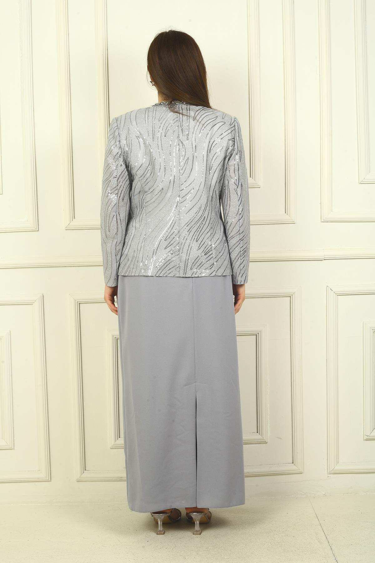 S-24Y3070011Kadın Pulpayet Ceket Yarım Ay Kollu Bluz Astarlı Krep Uzun Etek Büyük Beden 3'lü Takım