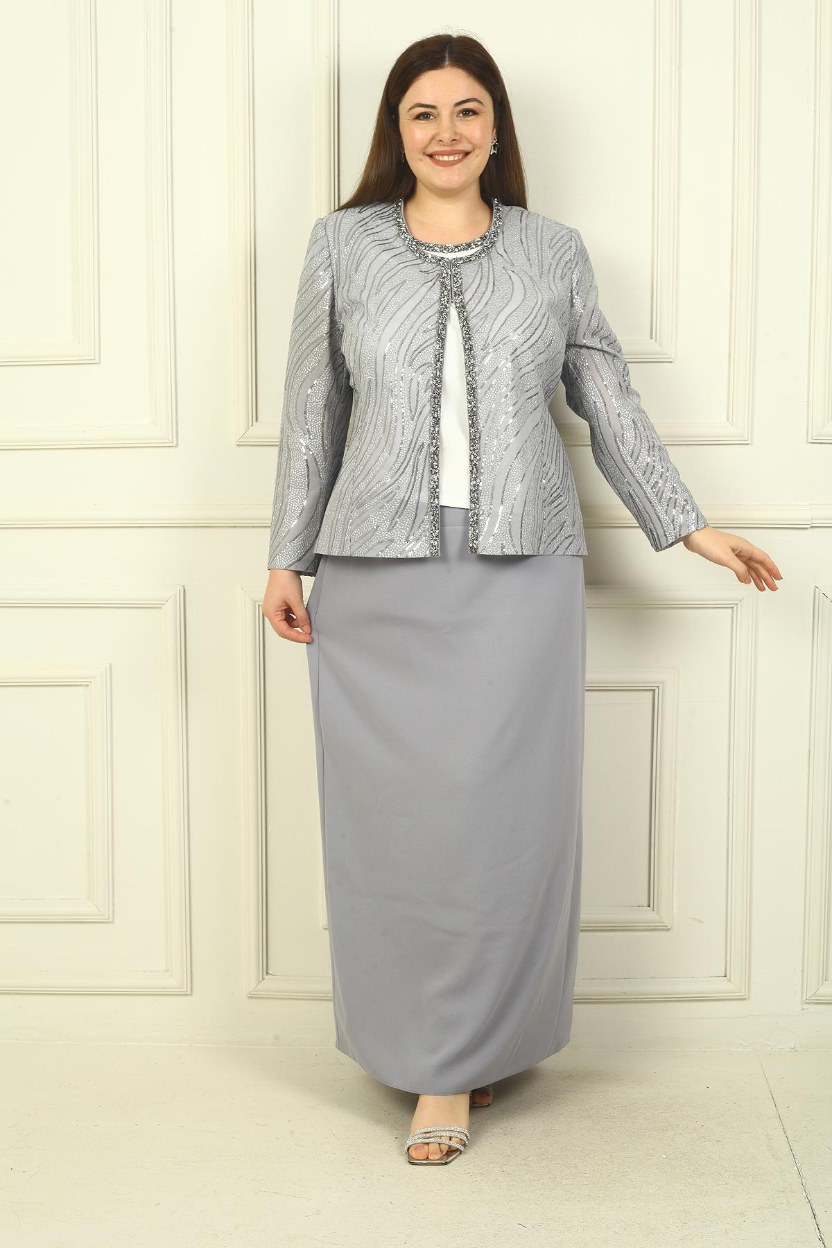 S-24Y3070011Kadın Pulpayet Ceket Yarım Ay Kollu Bluz Astarlı Krep Uzun Etek Büyük Beden 3'lü Takım