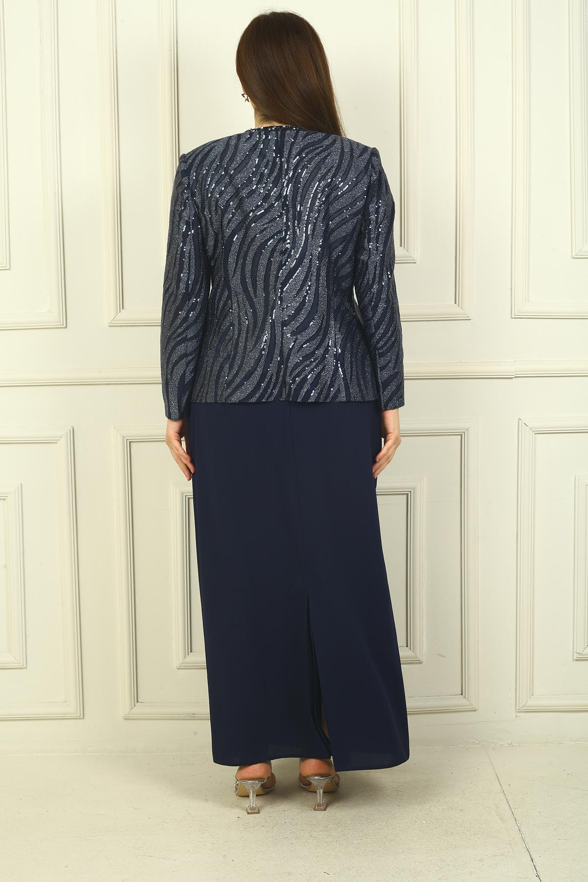 S-24Y3070011Kadın Pulpayet Ceket Yarım Ay Kollu Bluz Astarlı Krep Uzun Etek Büyük Beden 3'lü Takım