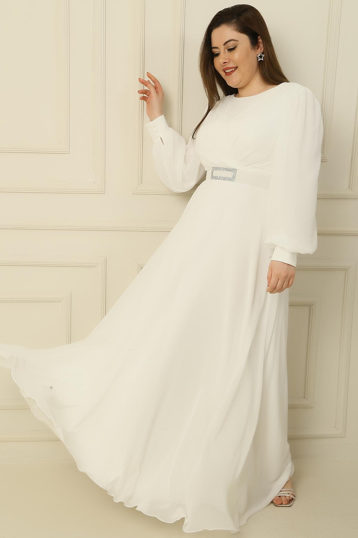 S-24Y3630002Kruvaze Yaka Beli Kemerli Astarlı Büyük Beden Uzun Tesettür Elbise