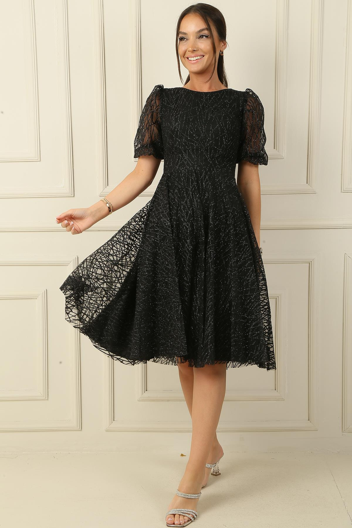 S-24Y3630003Yarım Balon Kol Astarlı Flok Baskı Kısa Abiye Elbise