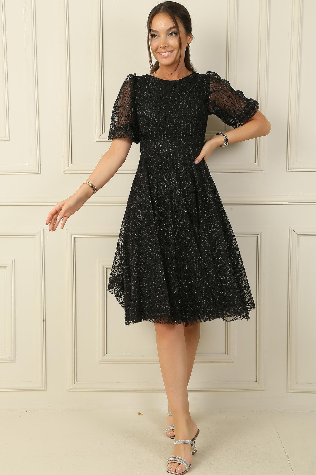 S-24Y3630003Yarım Balon Kol Astarlı Flok Baskı Kısa Abiye Elbise