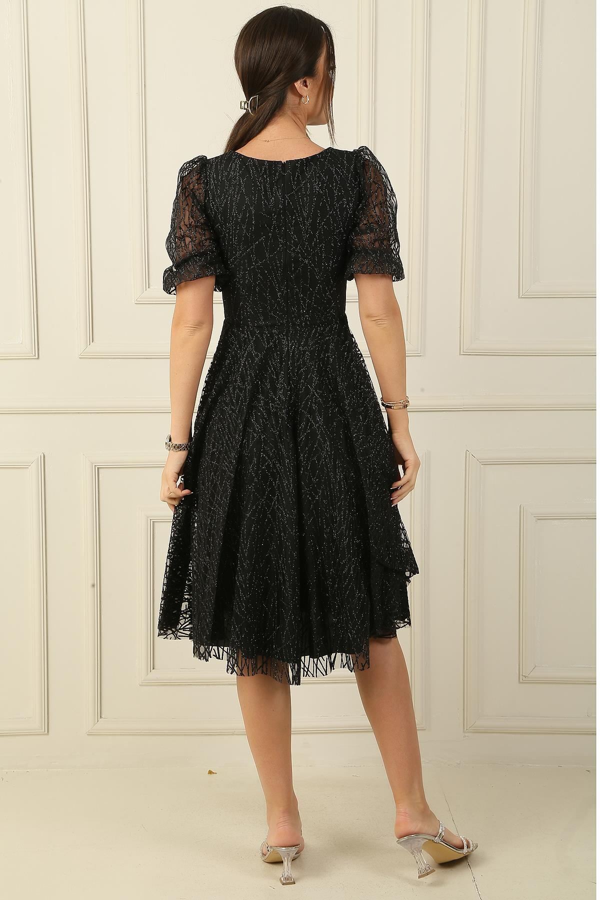 S-24Y3630003Yarım Balon Kol Astarlı Flok Baskı Kısa Abiye Elbise