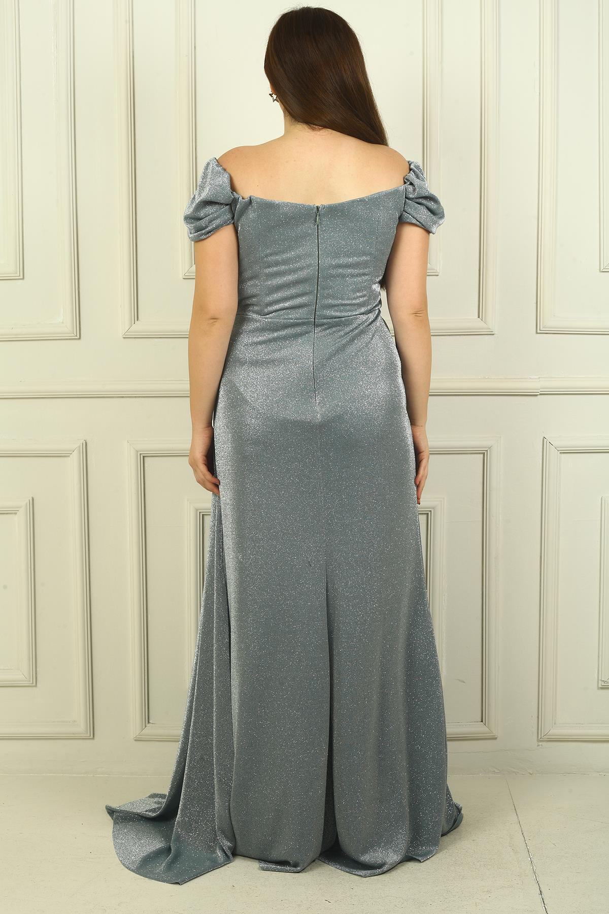 S-24Y3630005Kadın Düşük Kol Önü Drapeli Yanı Mendilli Astarlı Brayt Simli Uzun Büyük Beden Abiye Elbise