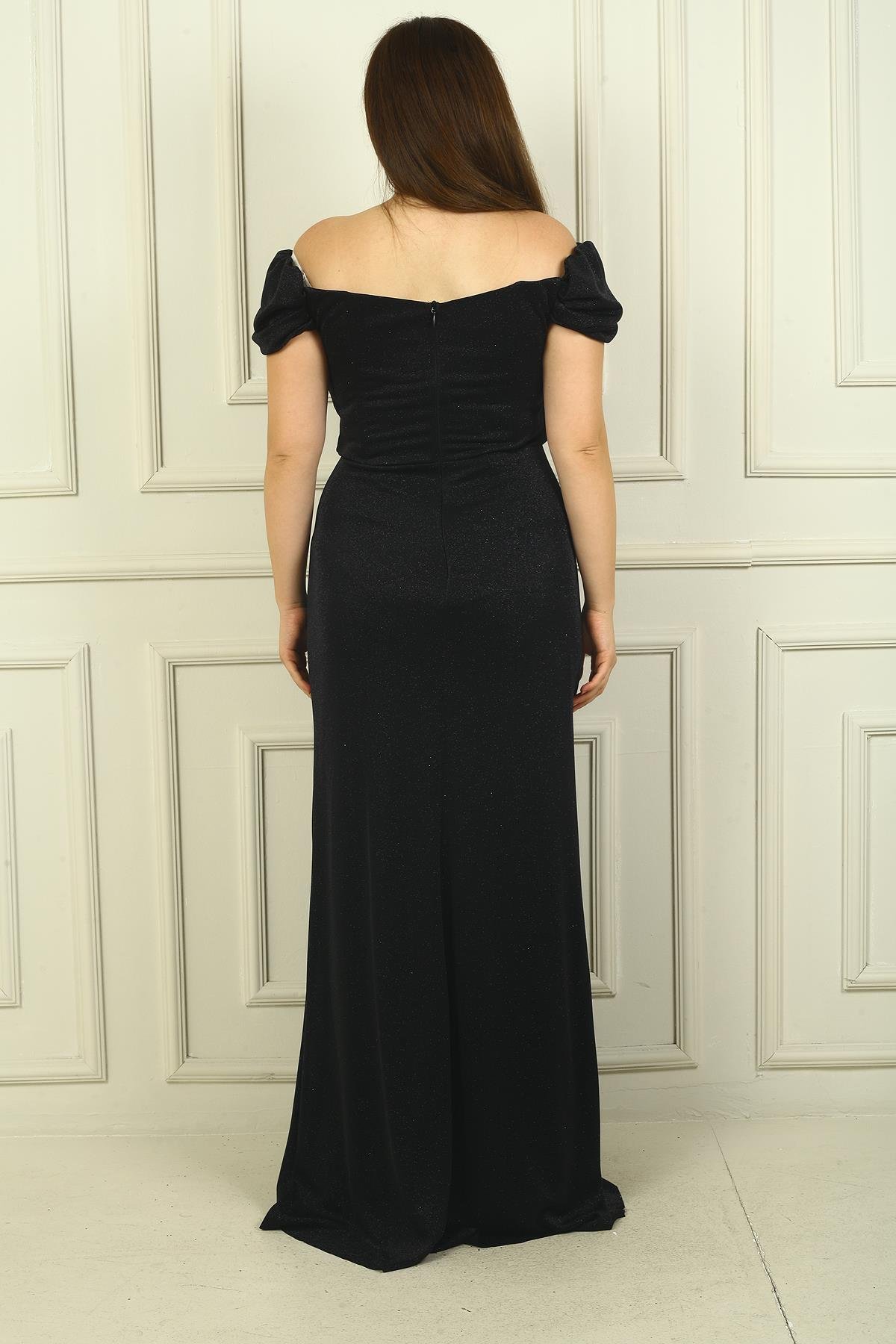 S-24Y3630005Kadın Düşük Kol Önü Drapeli Yanı Mendilli Astarlı Brayt Simli Uzun Büyük Beden Abiye Elbise