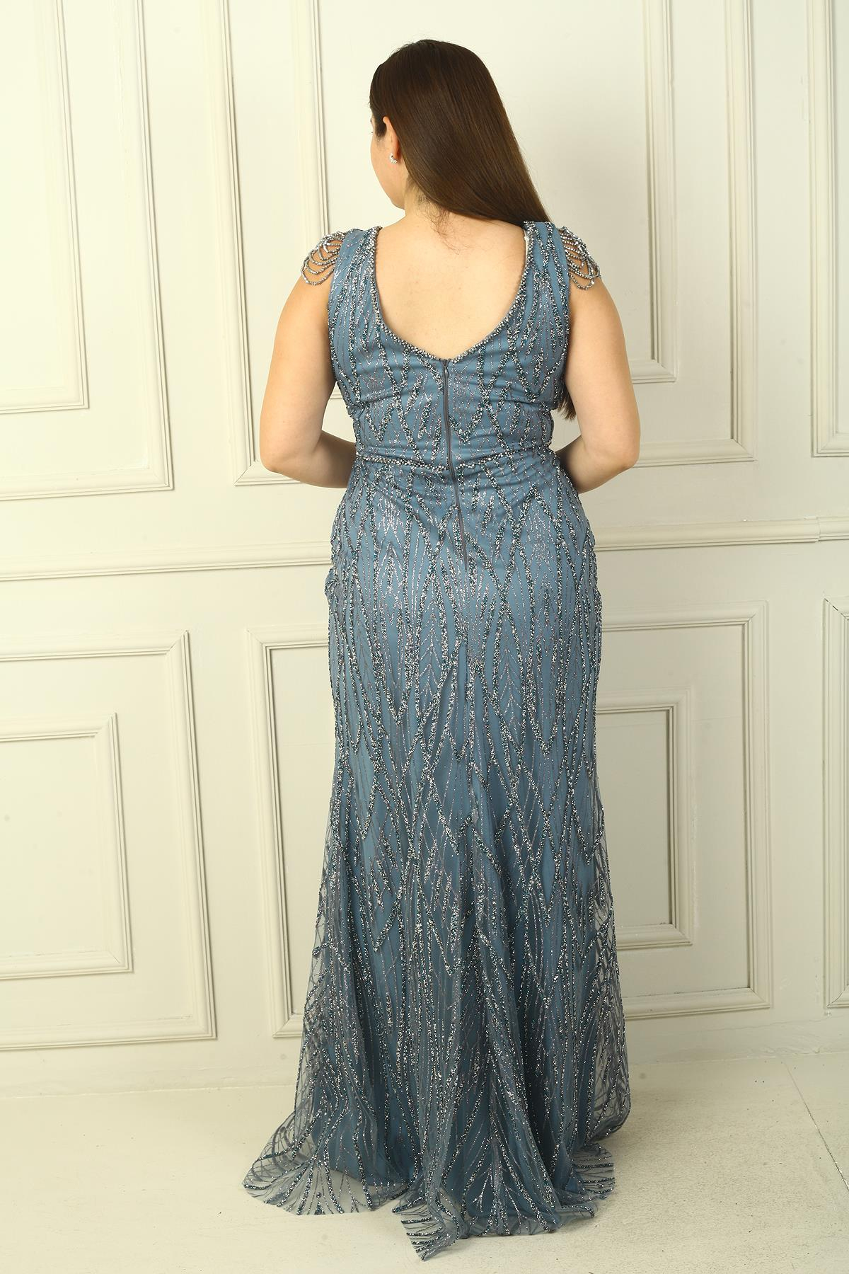 S-24Y3800001Kadın Omzu Püsküllü Astarlı Boncuk Ve Taşlı Büyük Beden Uzun Elbise