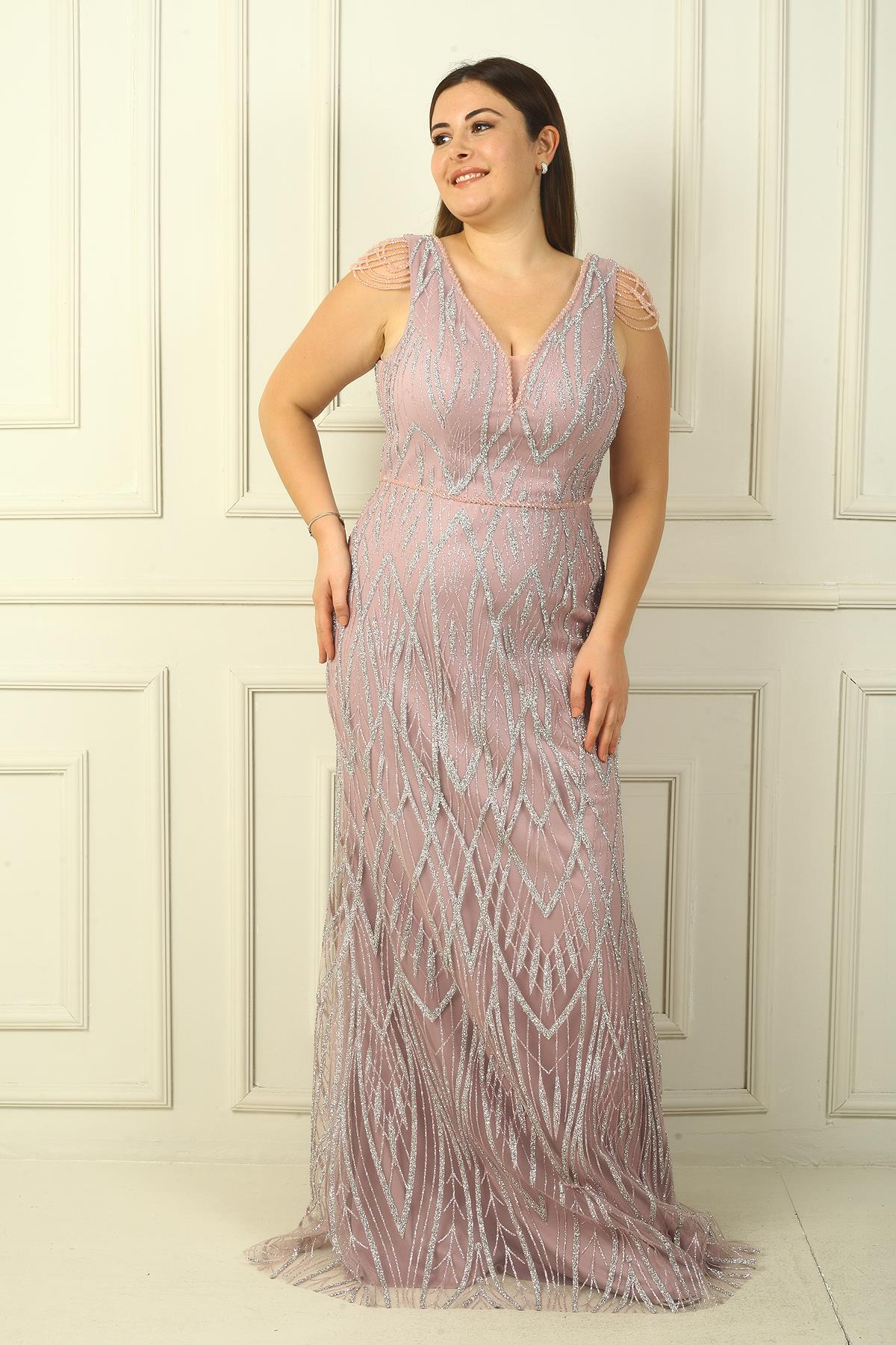 S-24Y3800001Kadın Omzu Püsküllü Astarlı Boncuk Ve Taşlı Büyük Beden Uzun Elbise