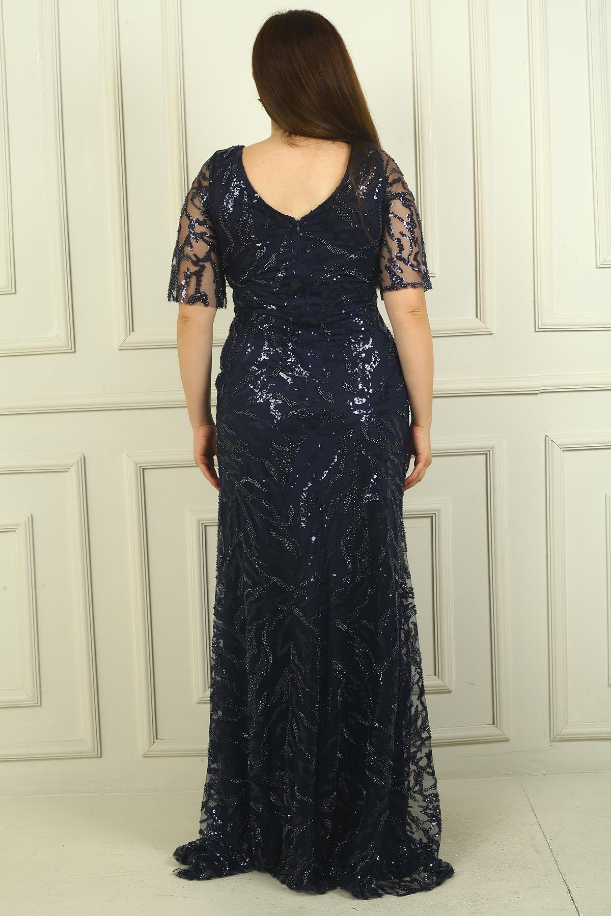 S-24Y3800002Kadın Ön Arka V Yaka Boncuk-Pul İşlemeli Astarlı Büyük Beden Elbise