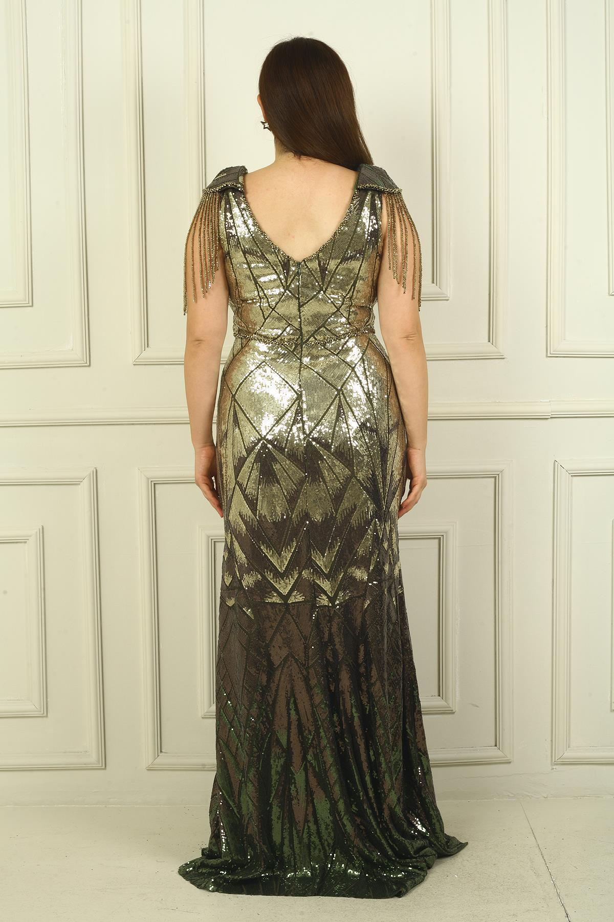 S-24Y3800003Kolları Boncuk Püsküllü Astarlı B.B Pulpayet Uzun Abiye Elbise