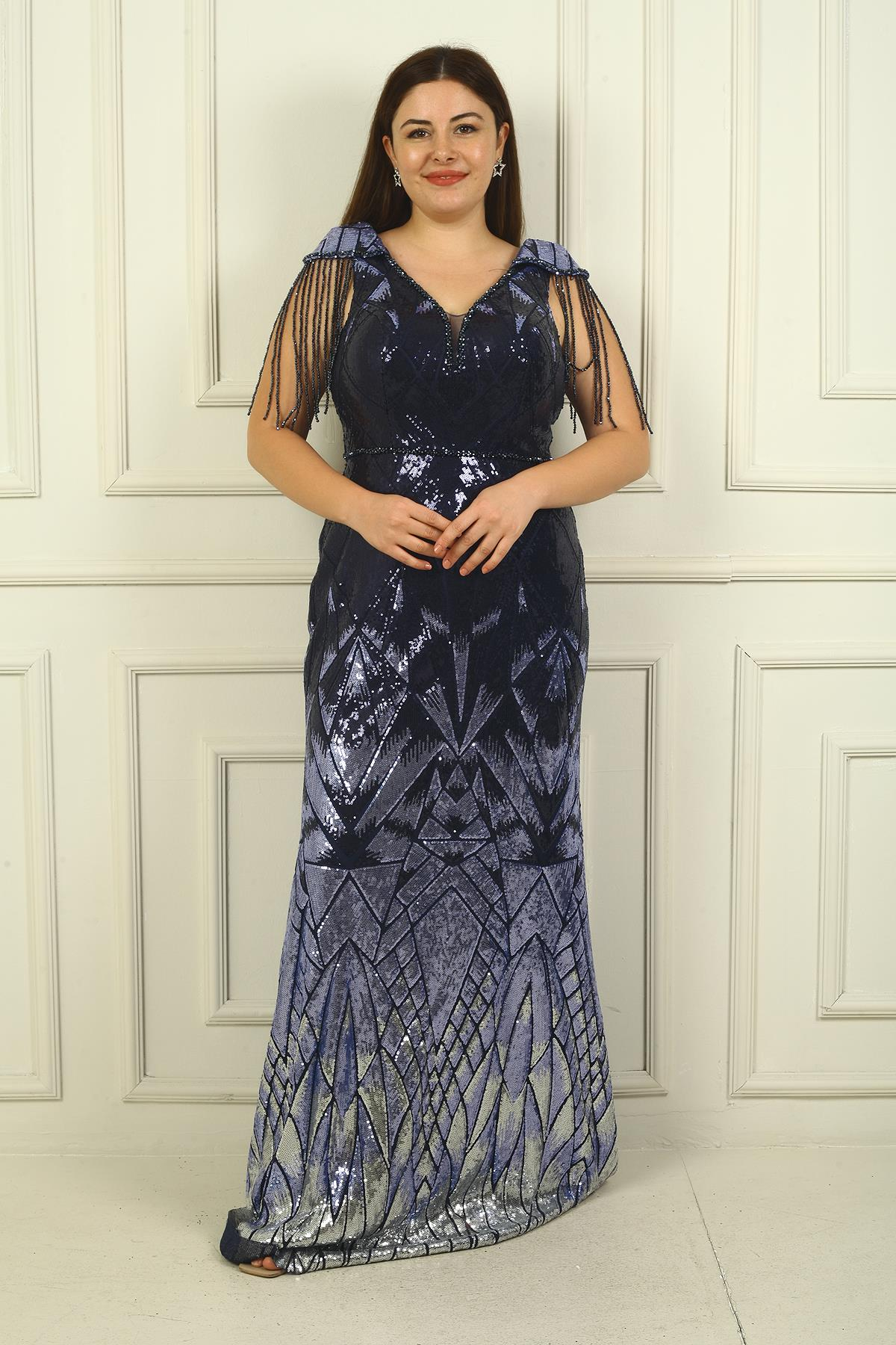 S-24Y3800003Kolları Boncuk Püsküllü Astarlı B.B Pulpayet Uzun Abiye Elbise