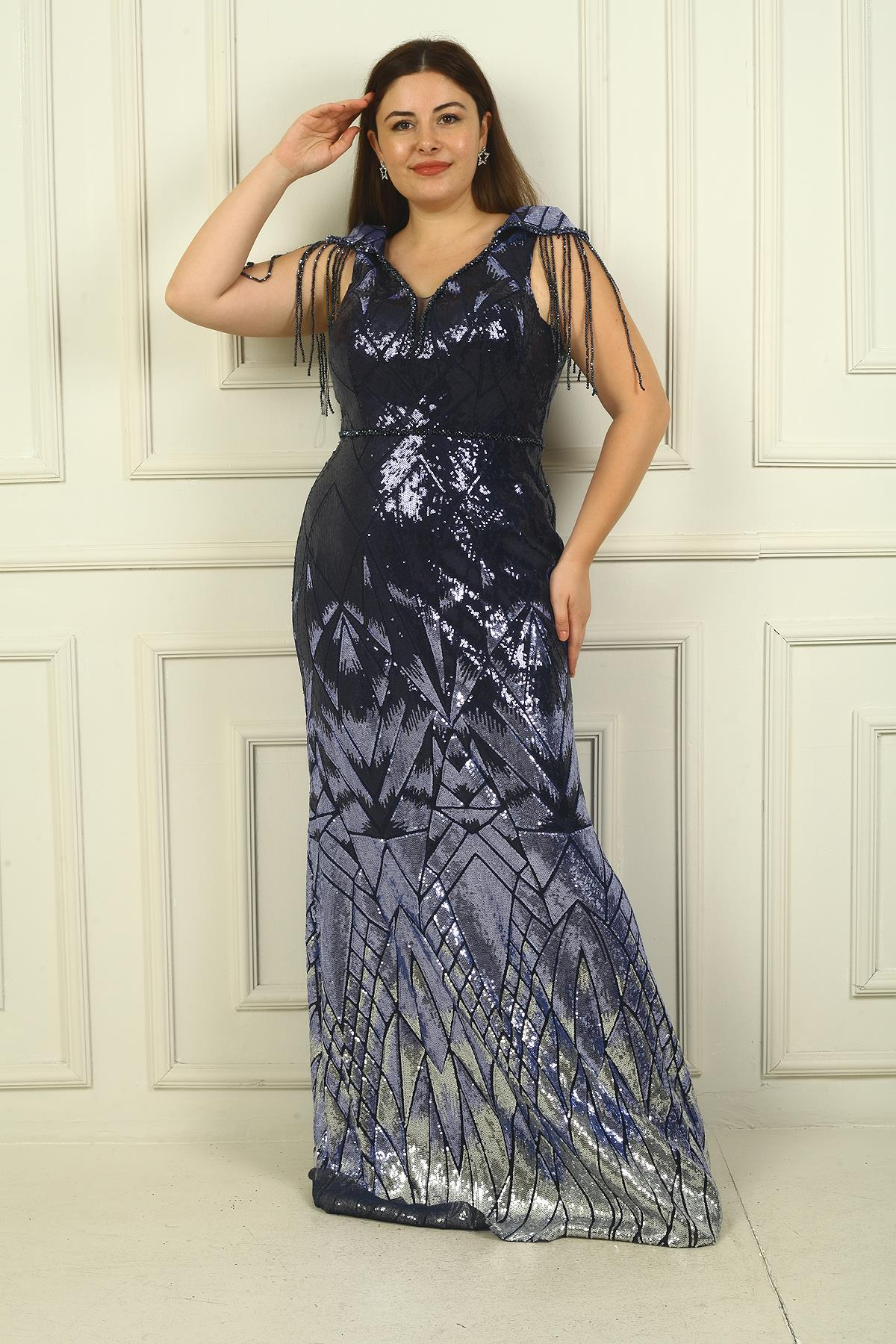 S-24Y3800003Kolları Boncuk Püsküllü Astarlı B.B Pulpayet Uzun Abiye Elbise