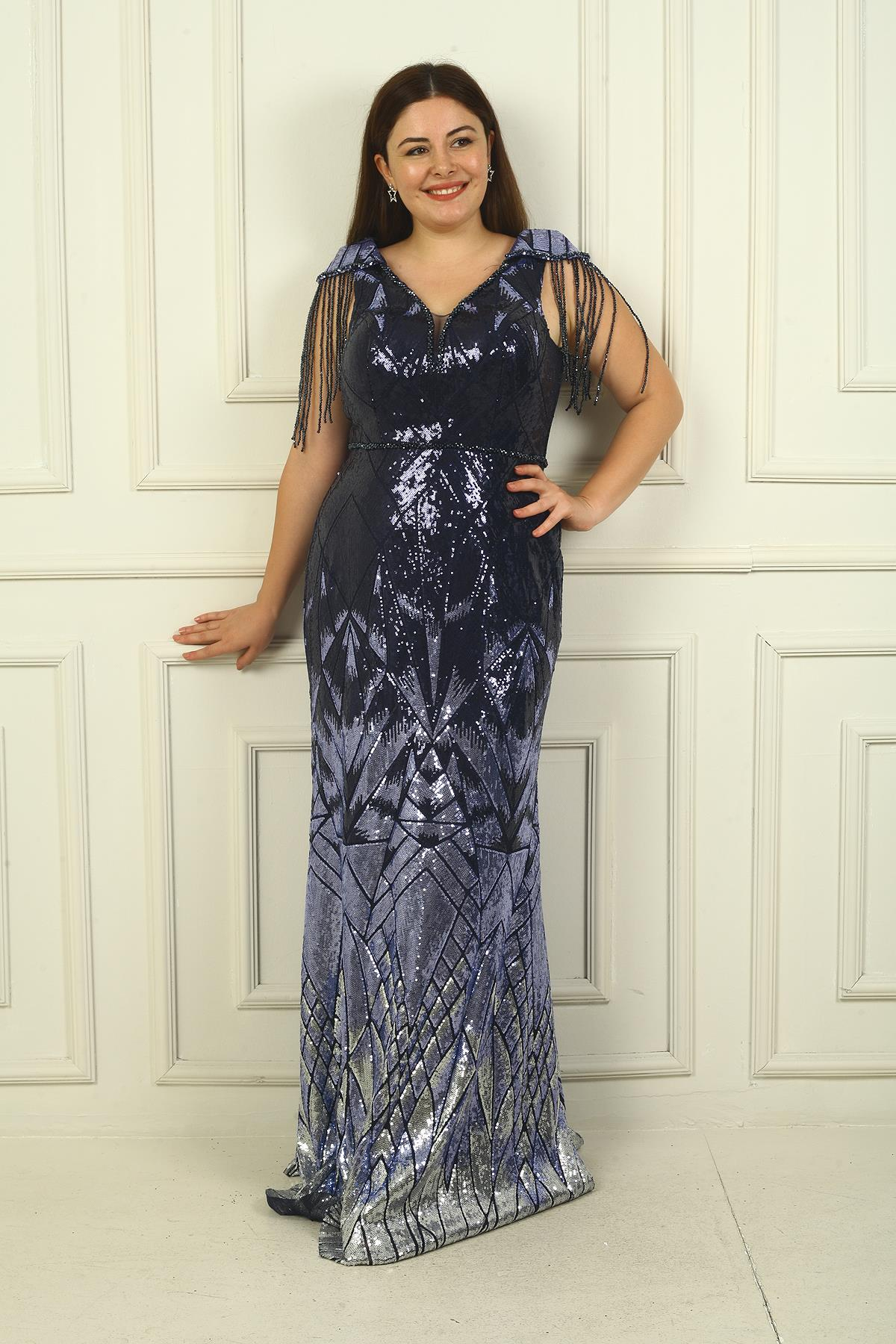 S-24Y3800003Kolları Boncuk Püsküllü Astarlı B.B Pulpayet Uzun Abiye Elbise