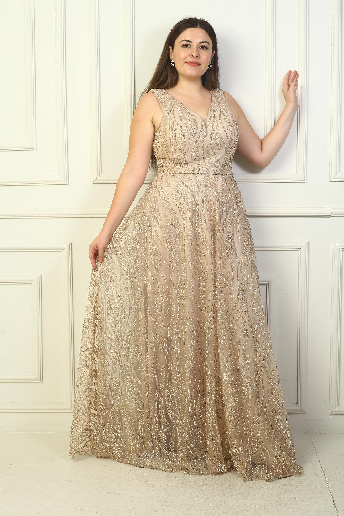 S-24Y3800004Kadın Kalın Askılı Astarlı Taşlı Tül Büyük Beden Uzun Abiye Elbise