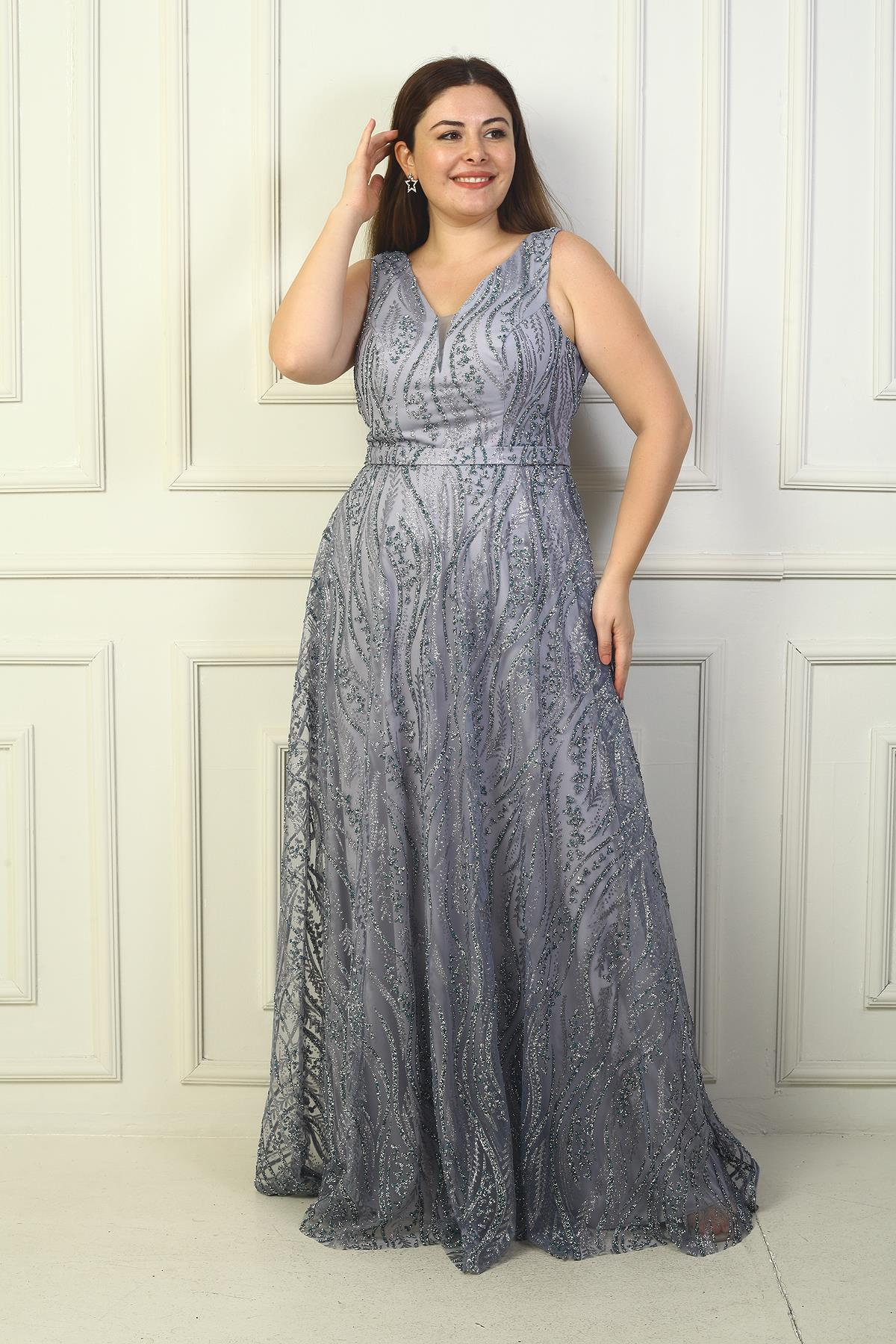 S-24Y3800004Kadın Kalın Askılı Astarlı Taşlı Tül Büyük Beden Uzun Abiye Elbise