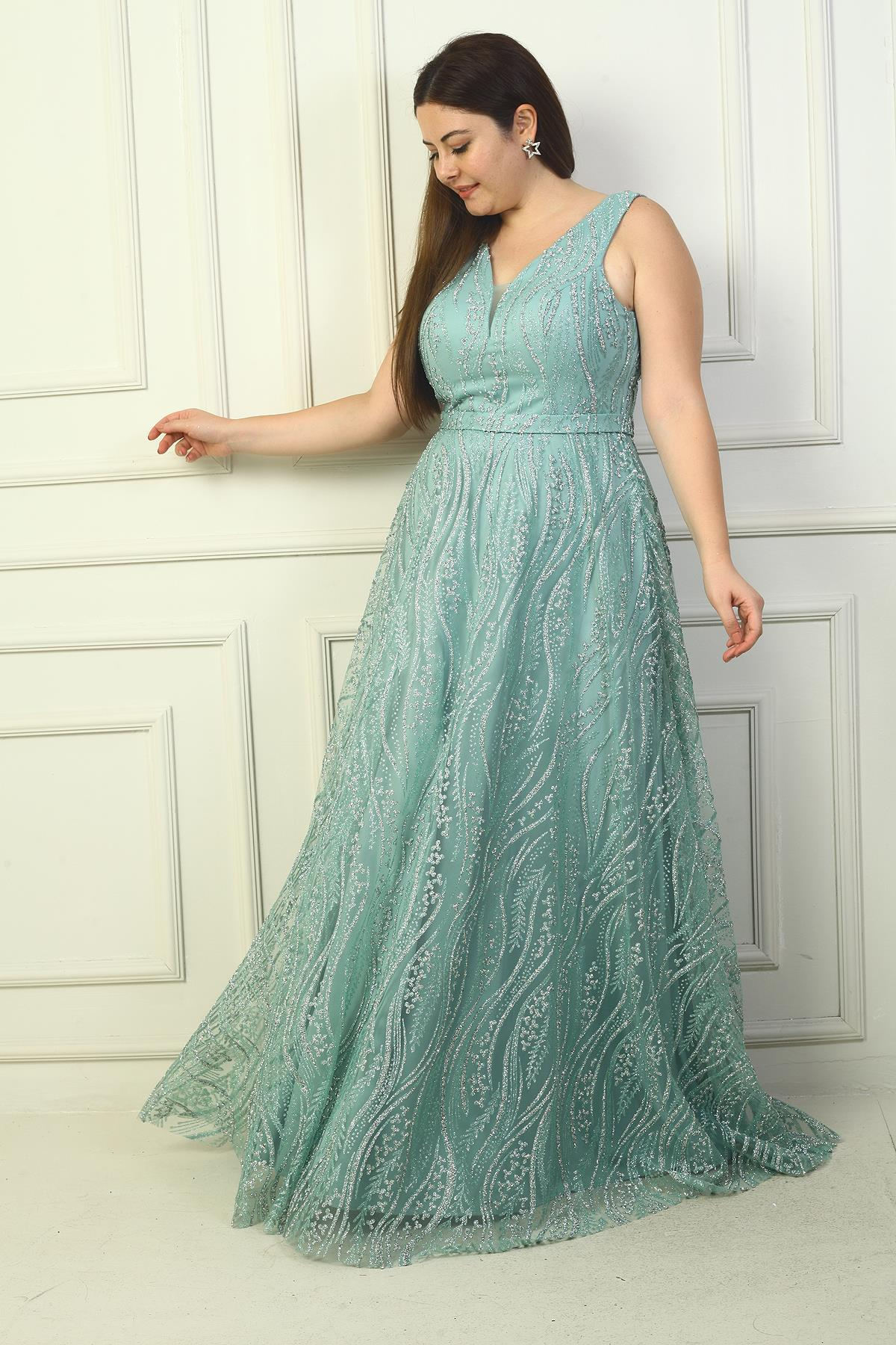 S-24Y3800004Kadın Kalın Askılı Astarlı Taşlı Tül Büyük Beden Uzun Abiye Elbise