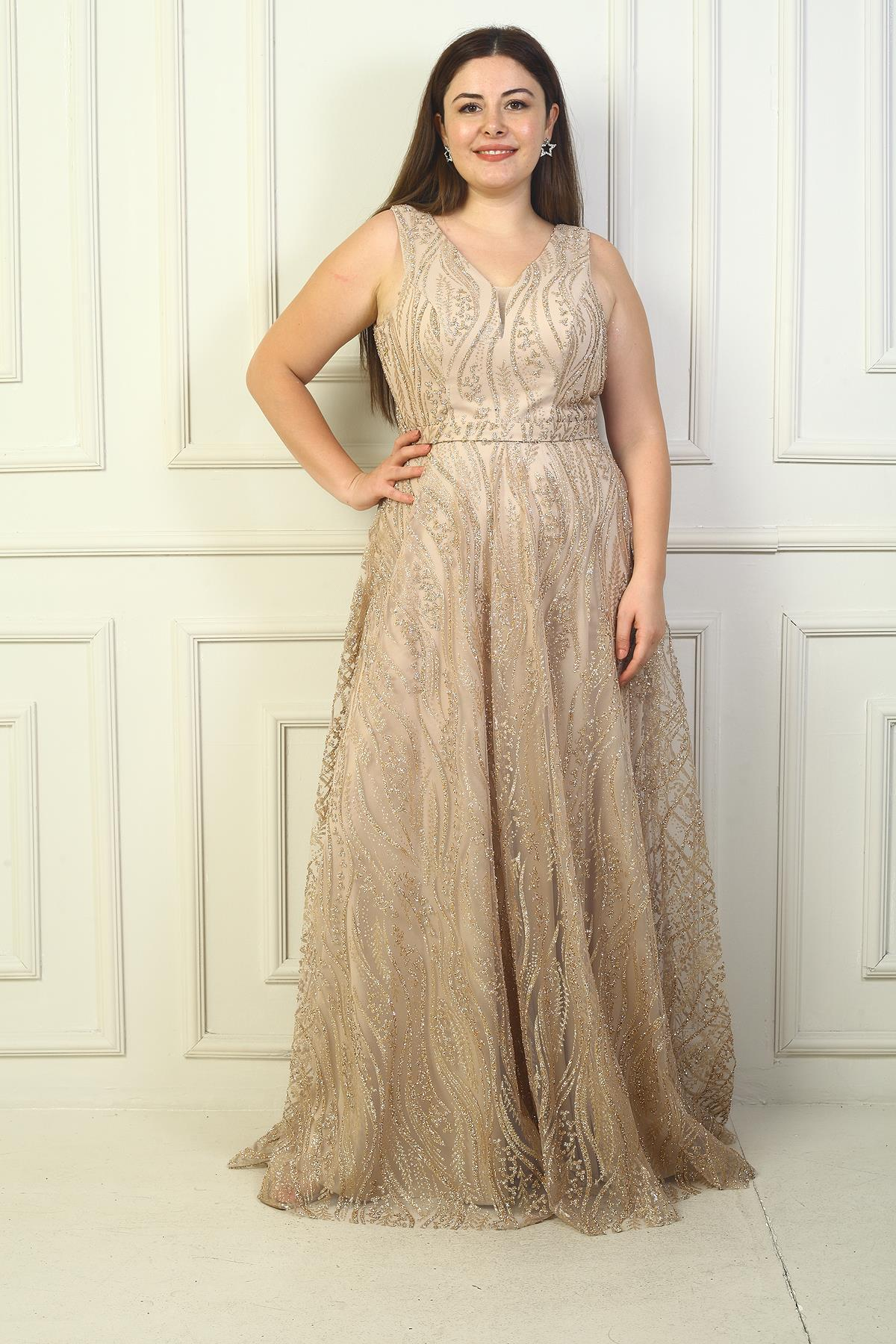 S-24Y3800004Kadın Kalın Askılı Astarlı Taşlı Tül Büyük Beden Uzun Abiye Elbise