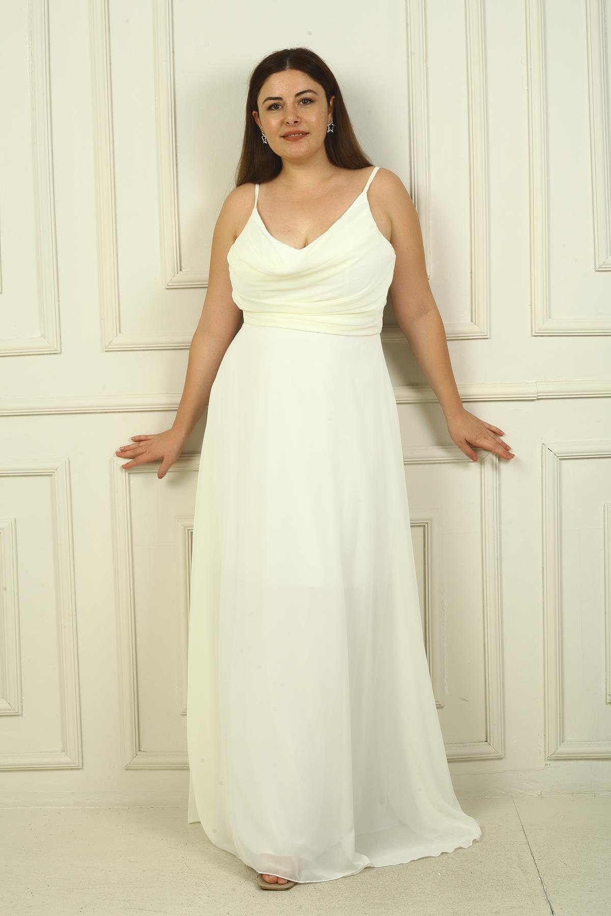 S-24Y3800005Kadın İp Askılı Önü Drapeli Astarlı Büyük Beden Uzun Şifon Elbise