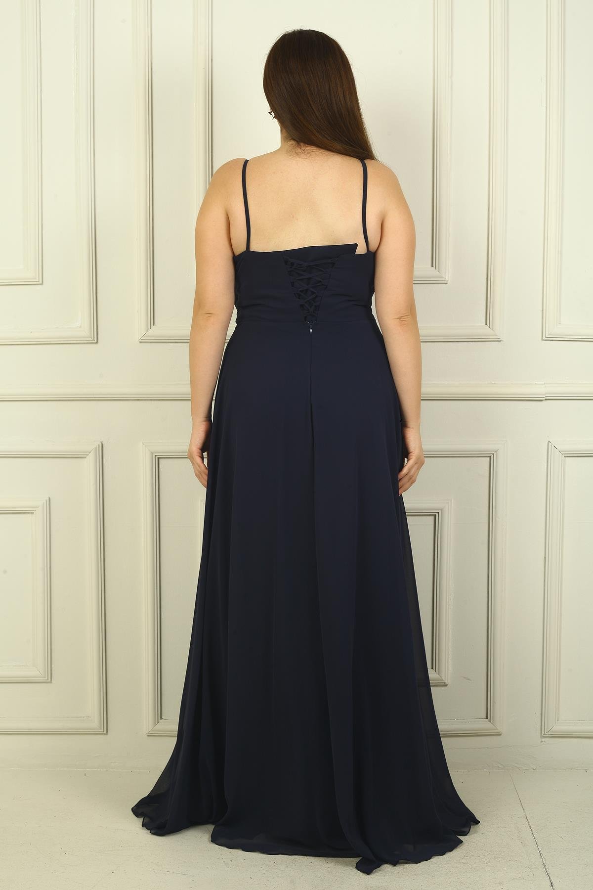 S-24Y3800005Kadın İp Askılı Önü Drapeli Astarlı Büyük Beden Uzun Şifon Elbise