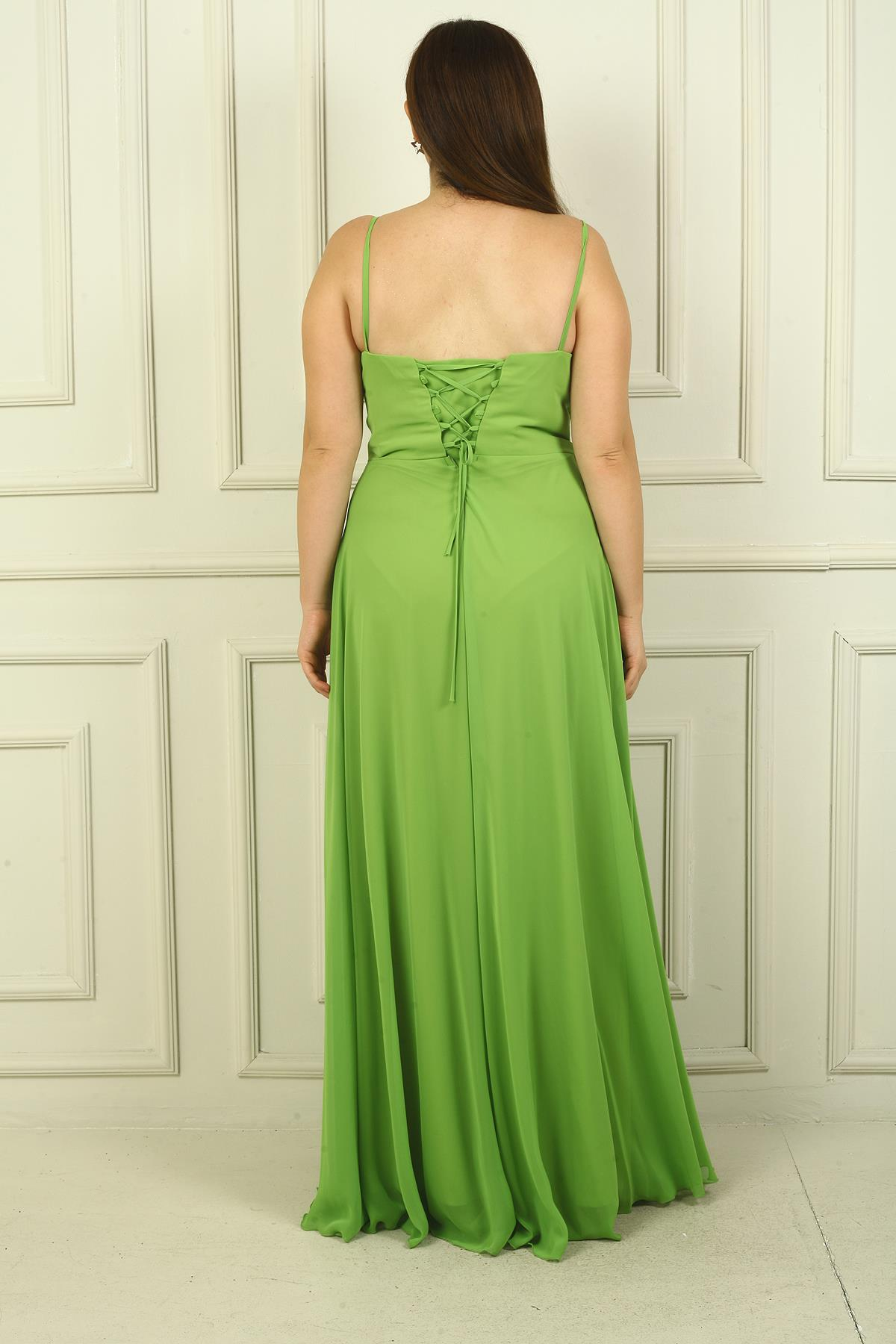 S-24Y3800005Kadın İp Askılı Önü Drapeli Astarlı Büyük Beden Uzun Şifon Elbise