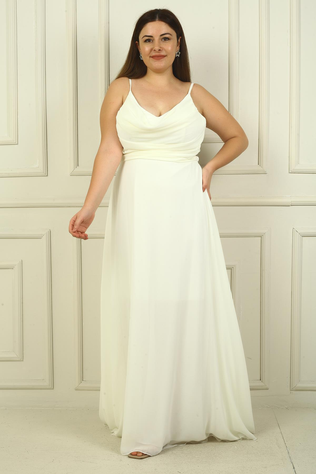 S-24Y3800005Kadın İp Askılı Önü Drapeli Astarlı Büyük Beden Uzun Şifon Elbise