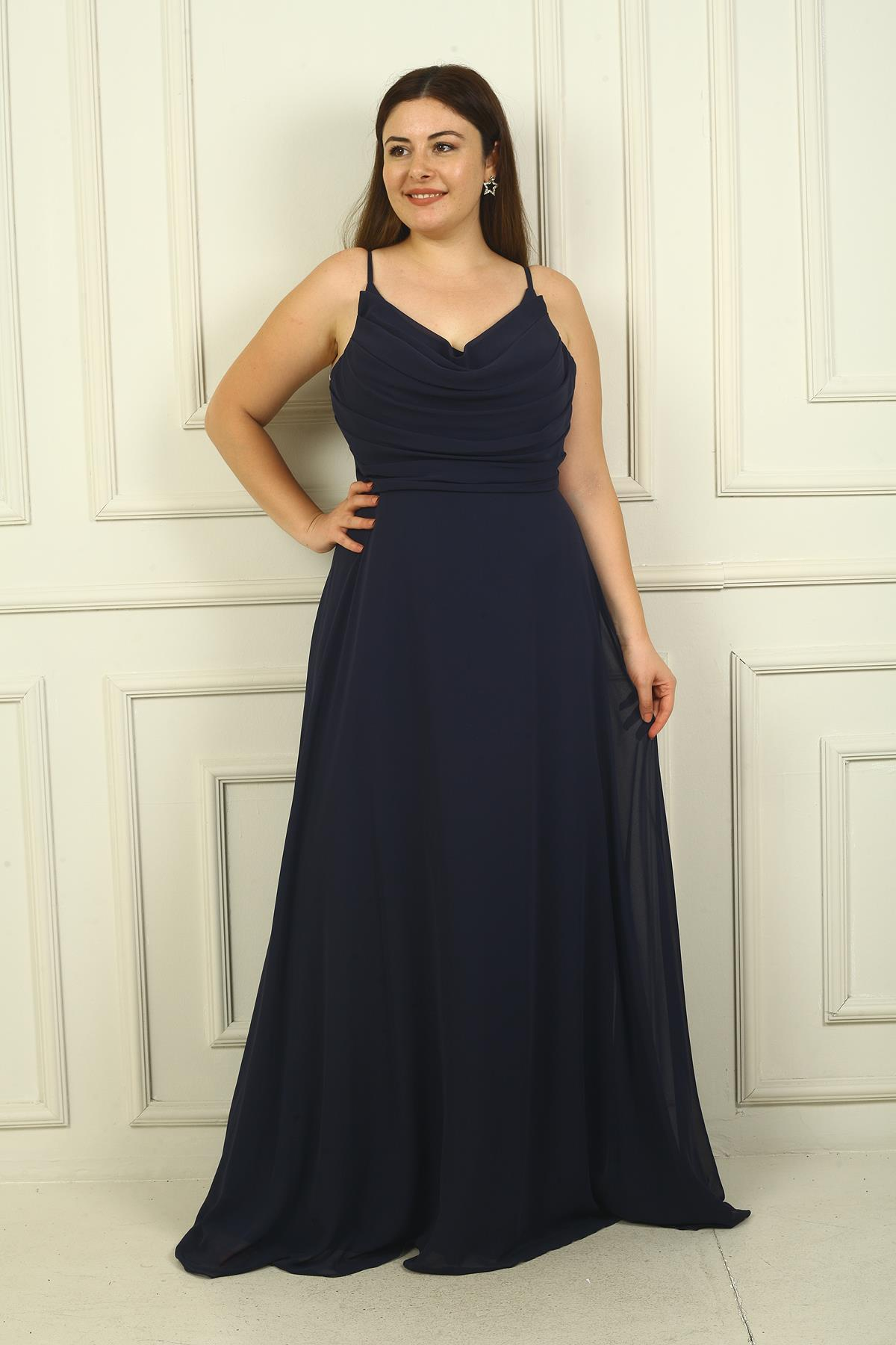 S-24Y3800005Kadın İp Askılı Önü Drapeli Astarlı Büyük Beden Uzun Şifon Elbise