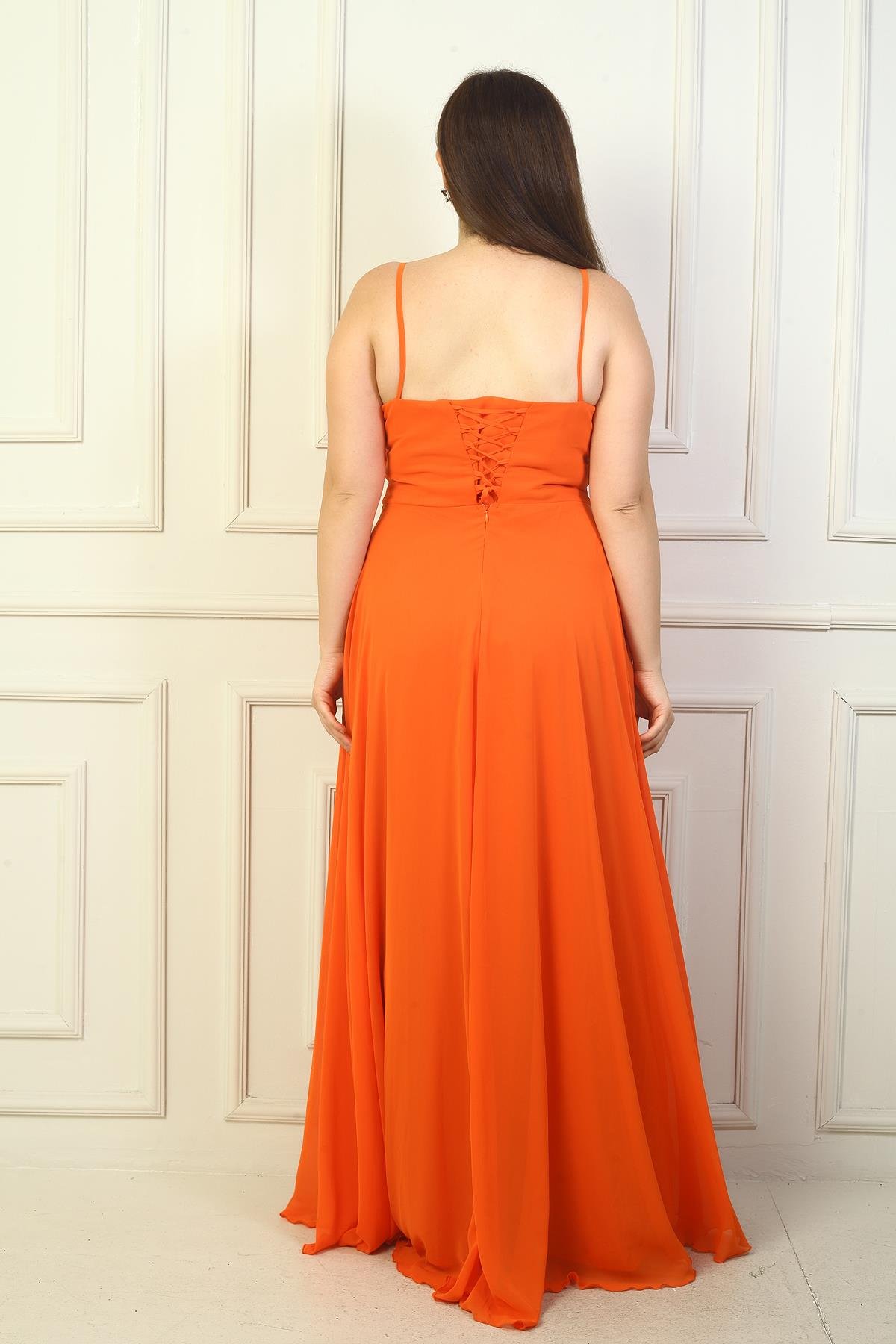 S-24Y3800005Kadın İp Askılı Önü Drapeli Astarlı Büyük Beden Uzun Şifon Elbise