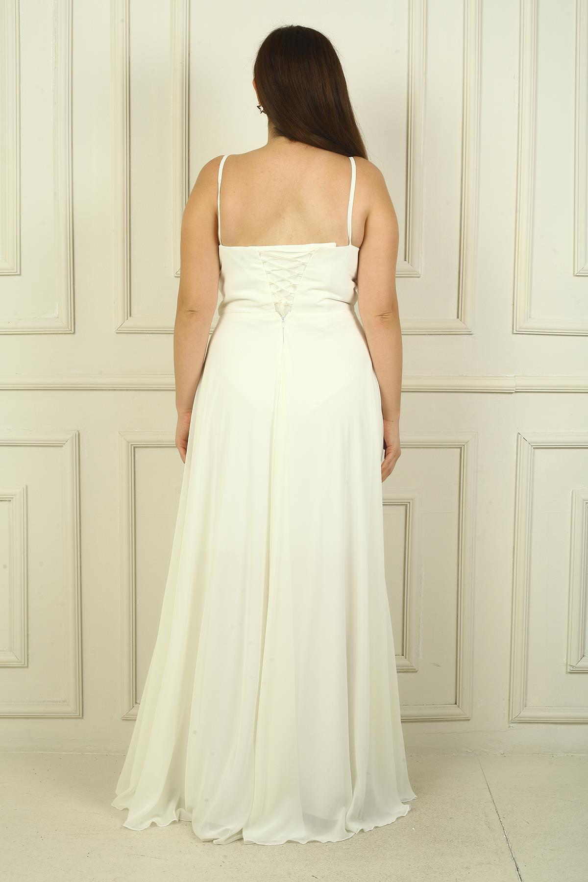 S-24Y3800005Kadın İp Askılı Önü Drapeli Astarlı Büyük Beden Uzun Şifon Elbise