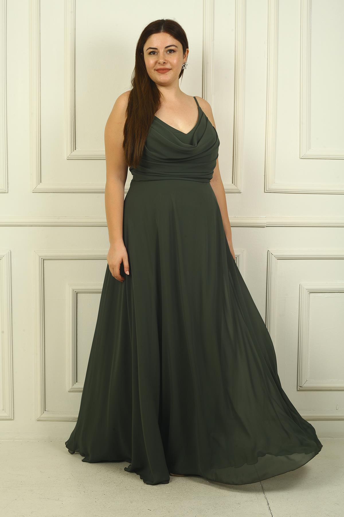 S-24Y3800005Kadın İp Askılı Önü Drapeli Astarlı Büyük Beden Uzun Şifon Elbise