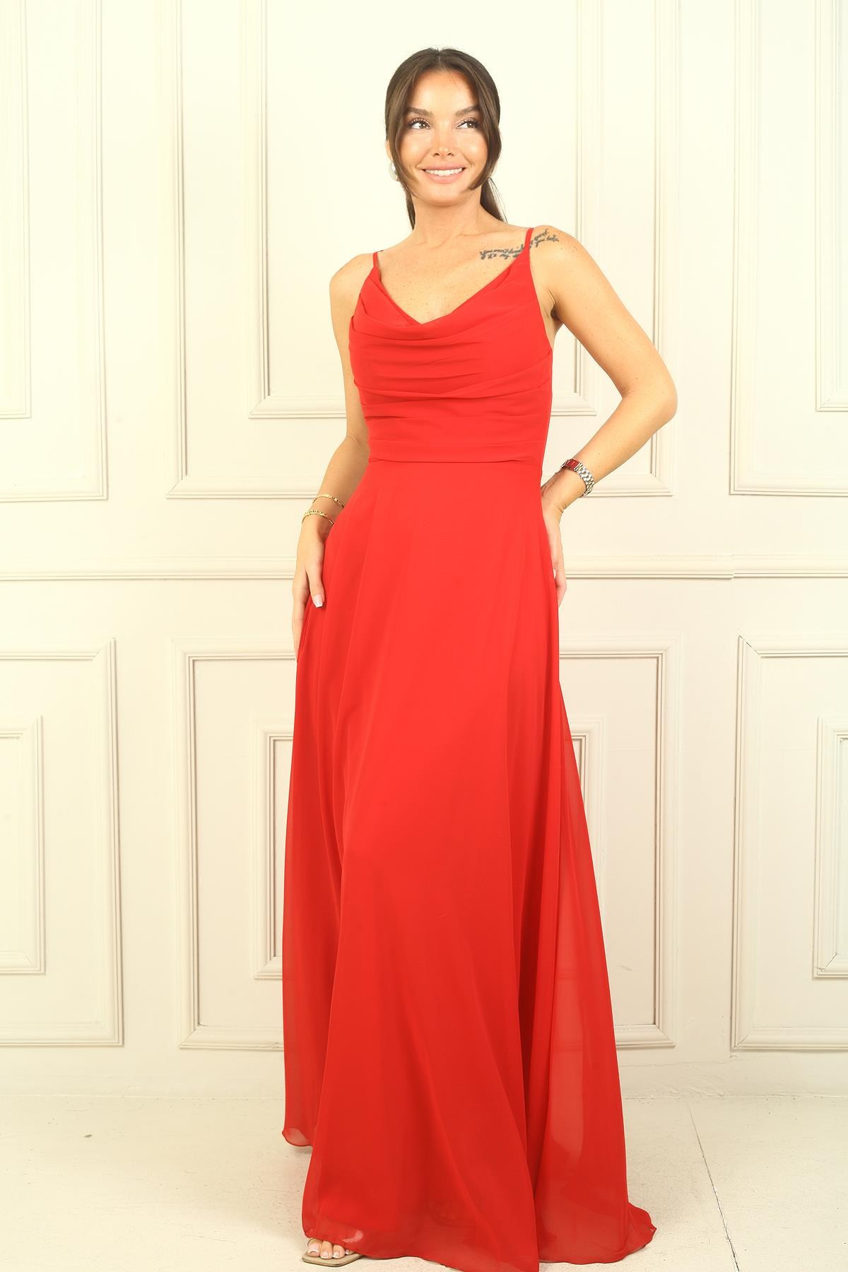 S-24Y3800006Kadın İp Askılı Drapeli Astarlı Şifon Uzun Elbise