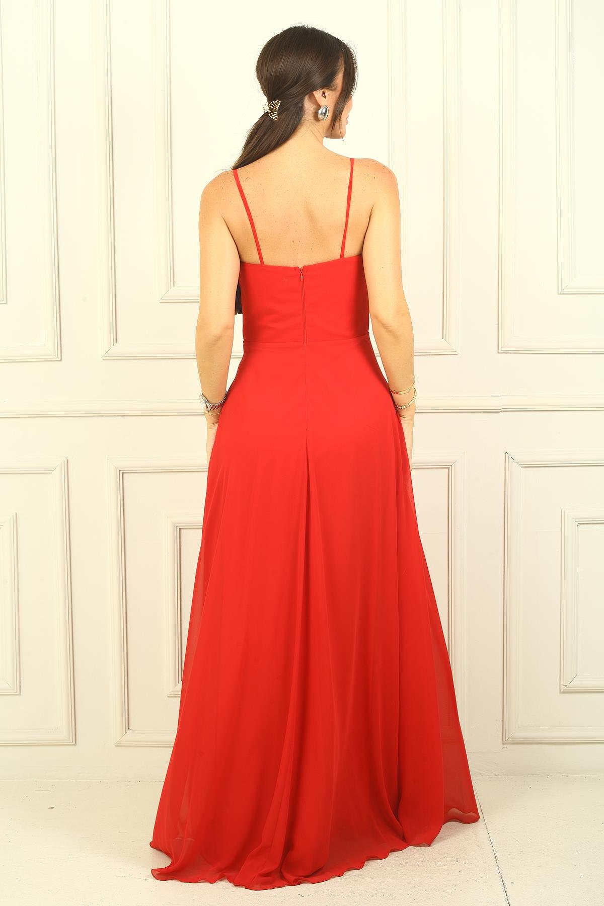 S-24Y3800006Kadın İp Askılı Drapeli Astarlı Şifon Uzun Elbise