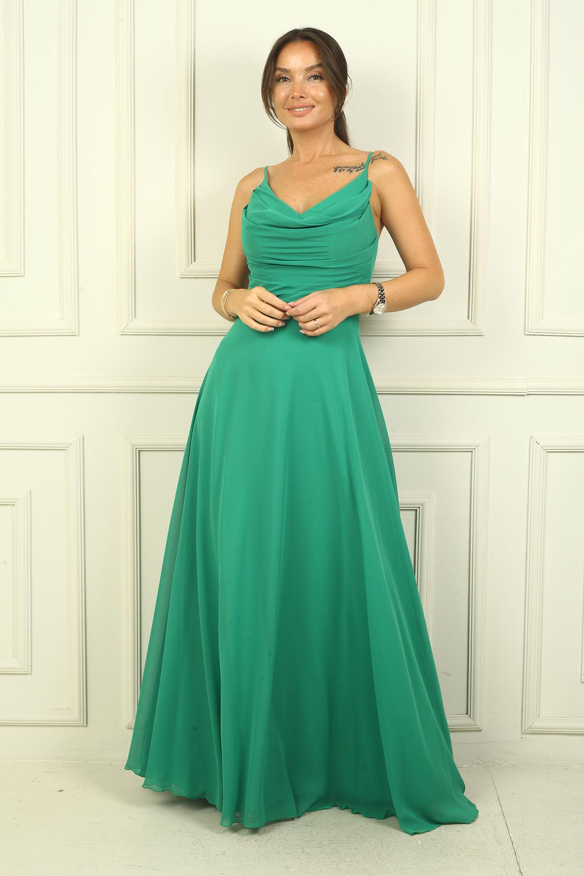 S-24Y3800006Kadın İp Askılı Drapeli Astarlı Şifon Uzun Elbise