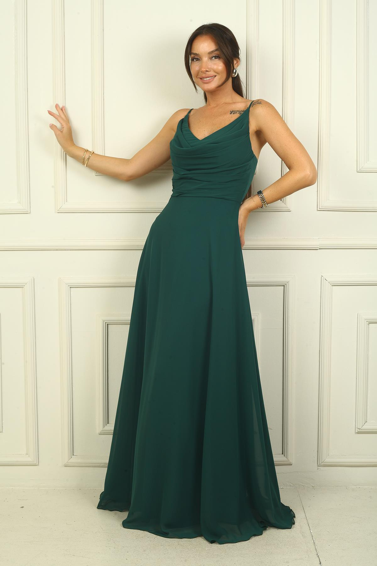 S-24Y3800006Kadın İp Askılı Drapeli Astarlı Şifon Uzun Elbise