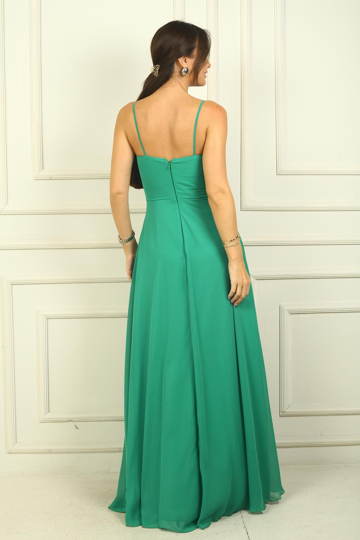 S-24Y3800006Kadın İp Askılı Drapeli Astarlı Şifon Uzun Elbise