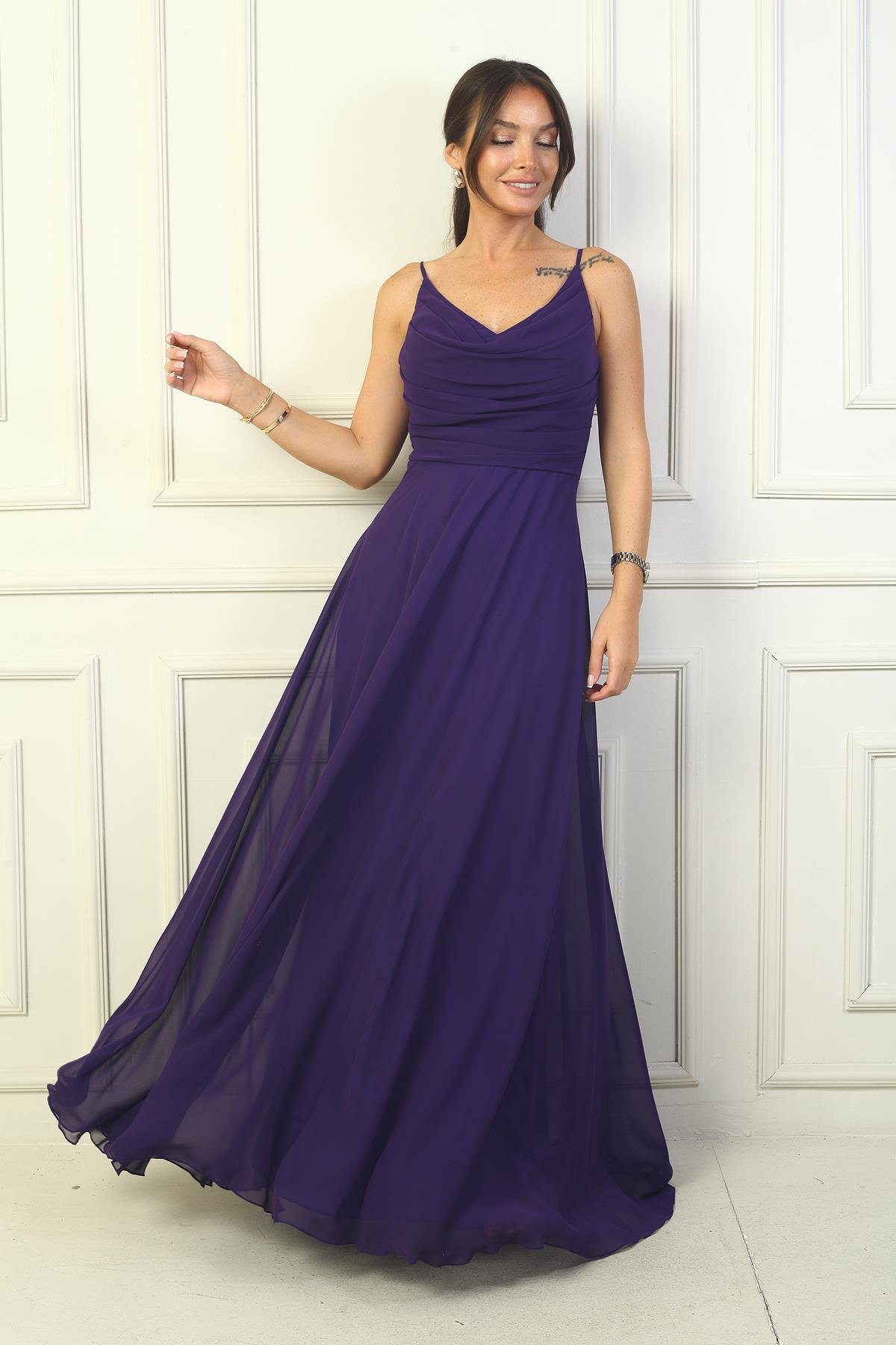 S-24Y3800006Kadın İp Askılı Drapeli Astarlı Şifon Uzun Elbise