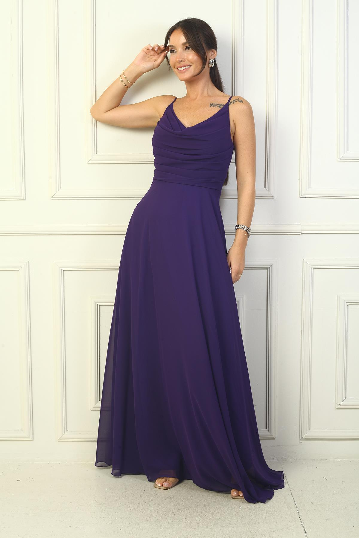 S-24Y3800006Kadın İp Askılı Drapeli Astarlı Şifon Uzun Elbise