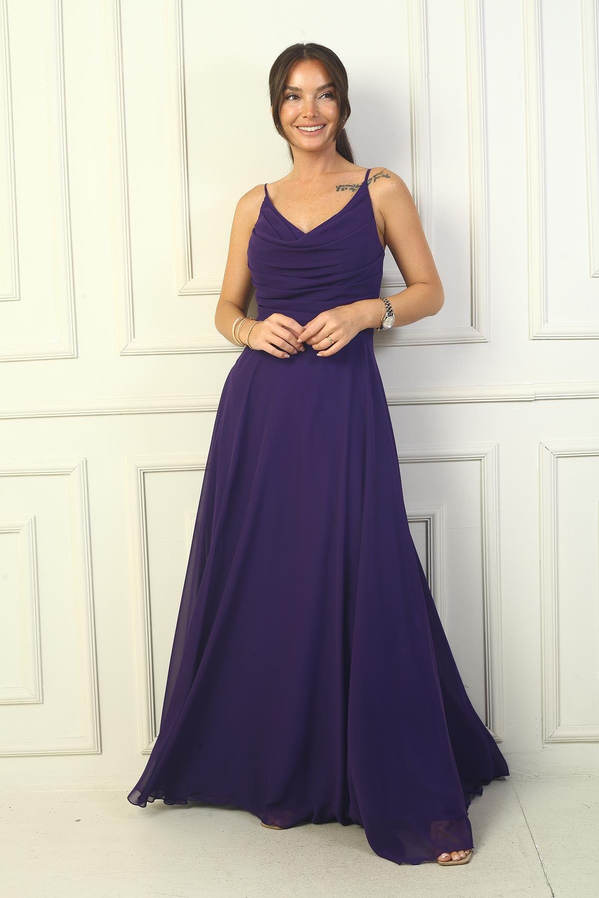 S-24Y3800006Kadın İp Askılı Drapeli Astarlı Şifon Uzun Elbise