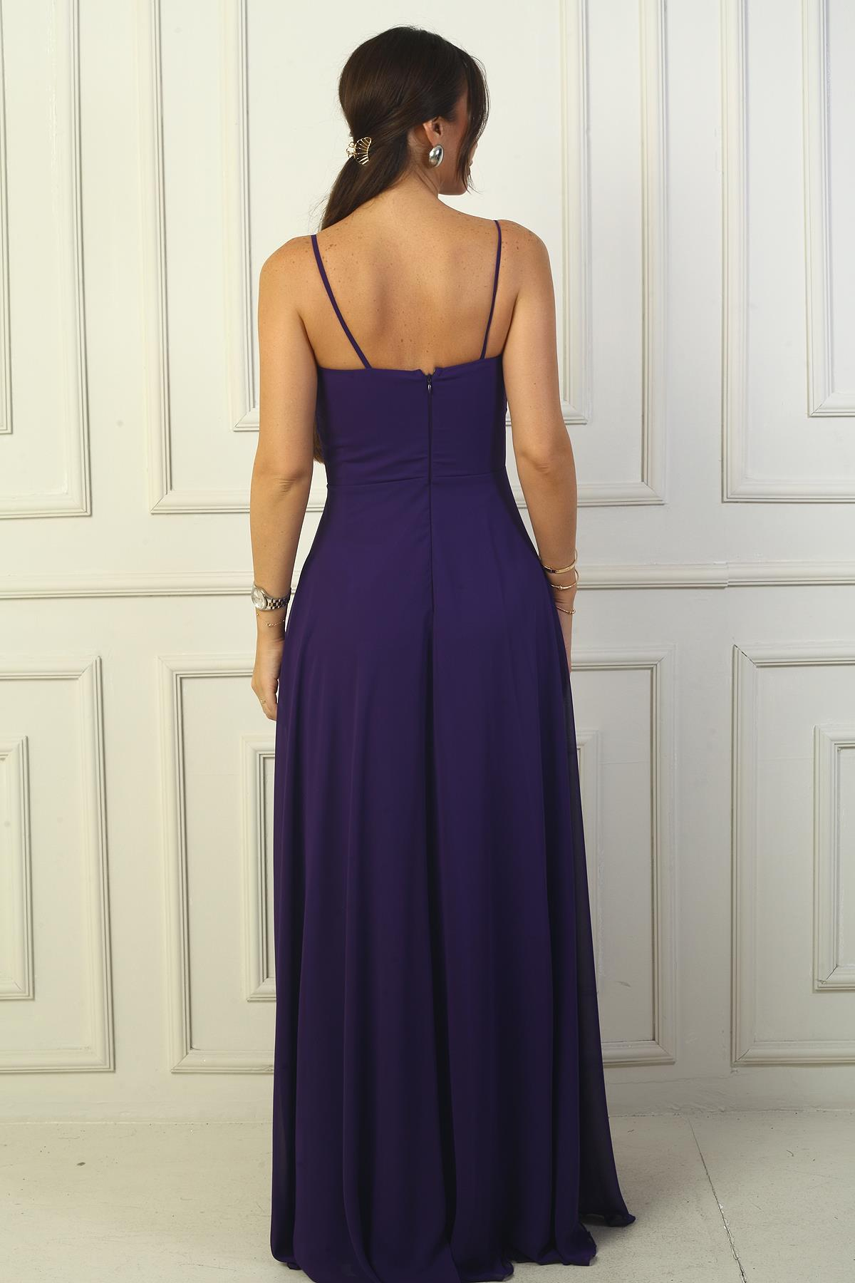 S-24Y3800006Kadın İp Askılı Drapeli Astarlı Şifon Uzun Elbise