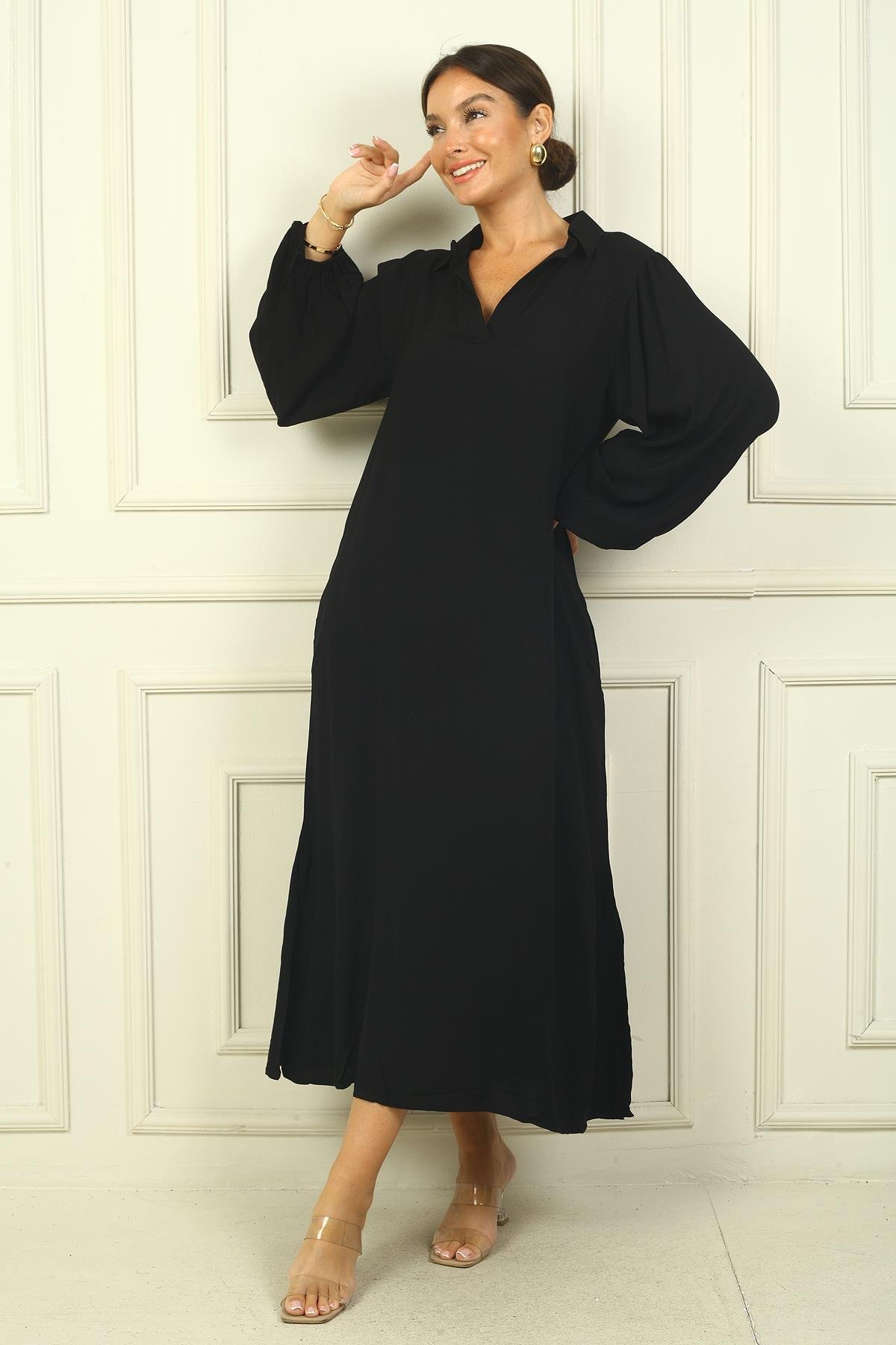 S-24Y3880025Kadın Polo Yaka Kol Uçları Lastikli Cepli Rahat Kalıp Uzun Viskon Elbise